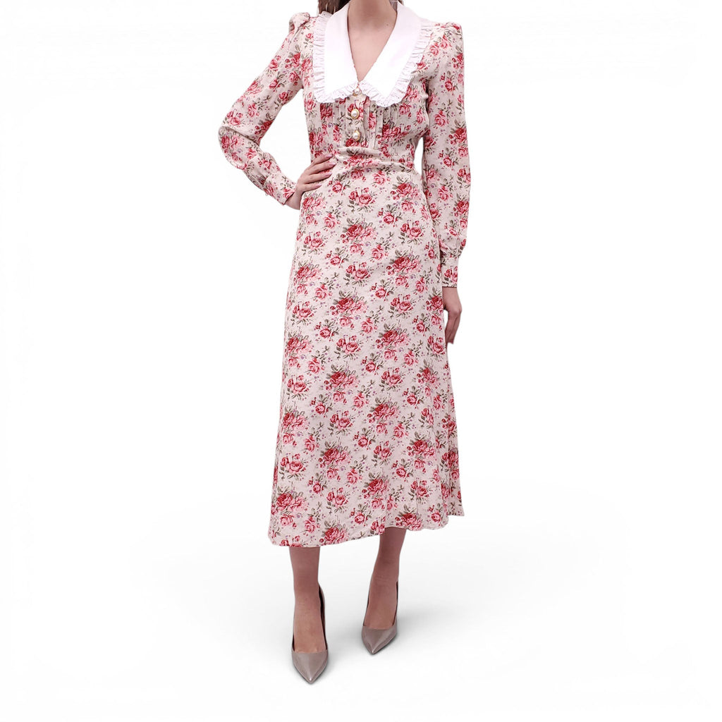 ALESSANDRA RICH CREAM AND PINK FLORAL DRESS WITH WHITE COLLAR DETAIL - SIZE 40 (FITS SMALL)