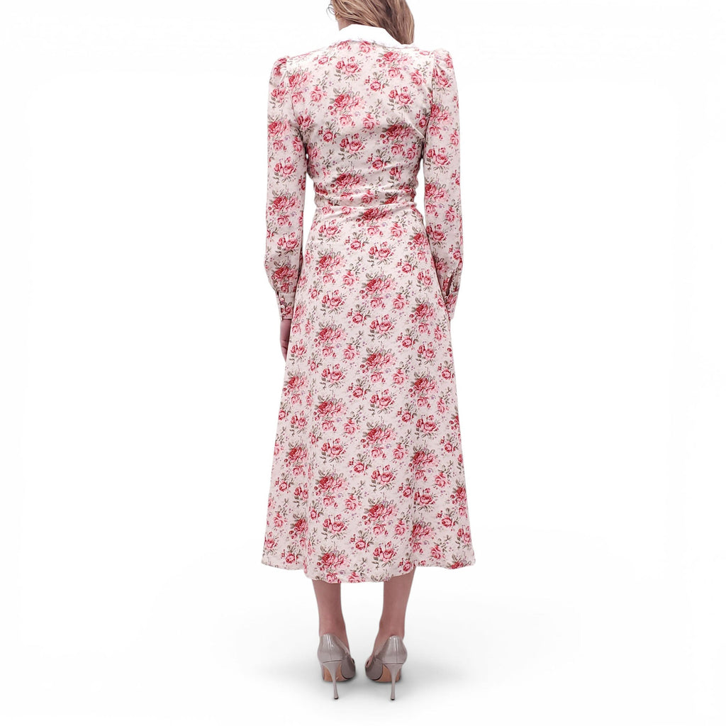 ALESSANDRA RICH CREAM AND PINK FLORAL DRESS WITH WHITE COLLAR DETAIL - SIZE 40 (FITS SMALL)