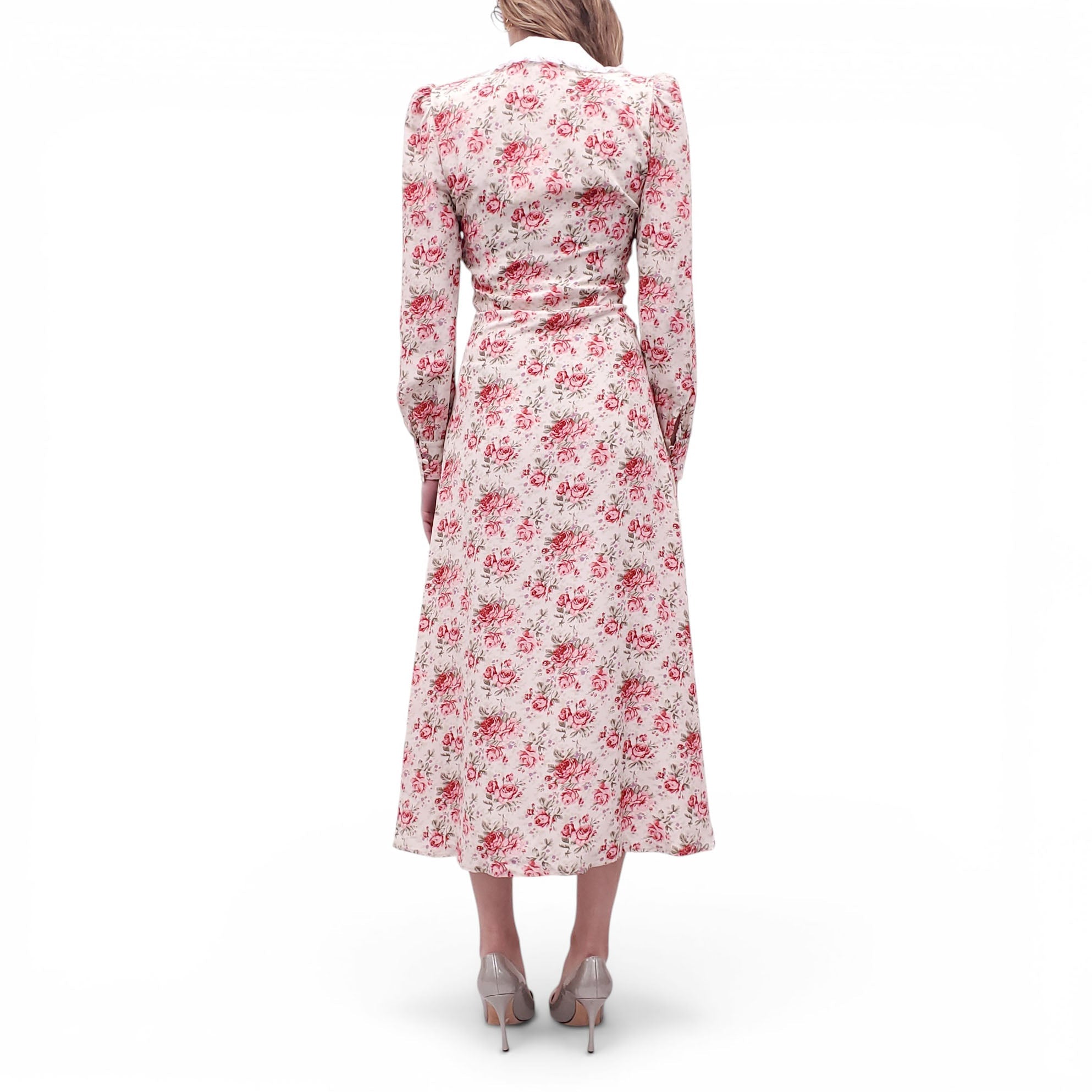 ALESSANDRA RICH CREAM AND PINK FLORAL DRESS WITH WHITE COLLAR DETAIL - SIZE 40 (FITS SMALL)