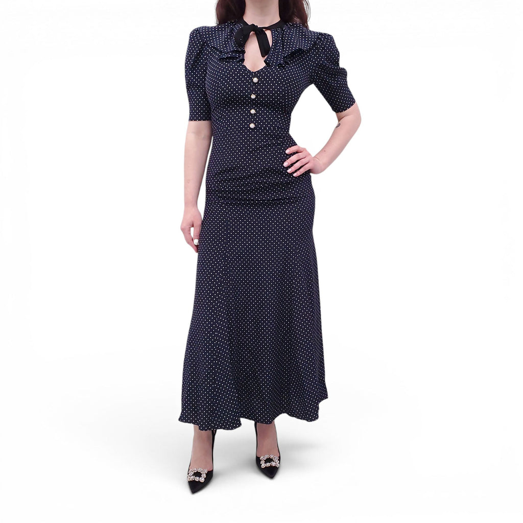 ALESSANDRA RICH NAVY POLKA DOT DRESS WITH GOLD PEARL BUTTONS - SIZE 40 (FITS SMALL)