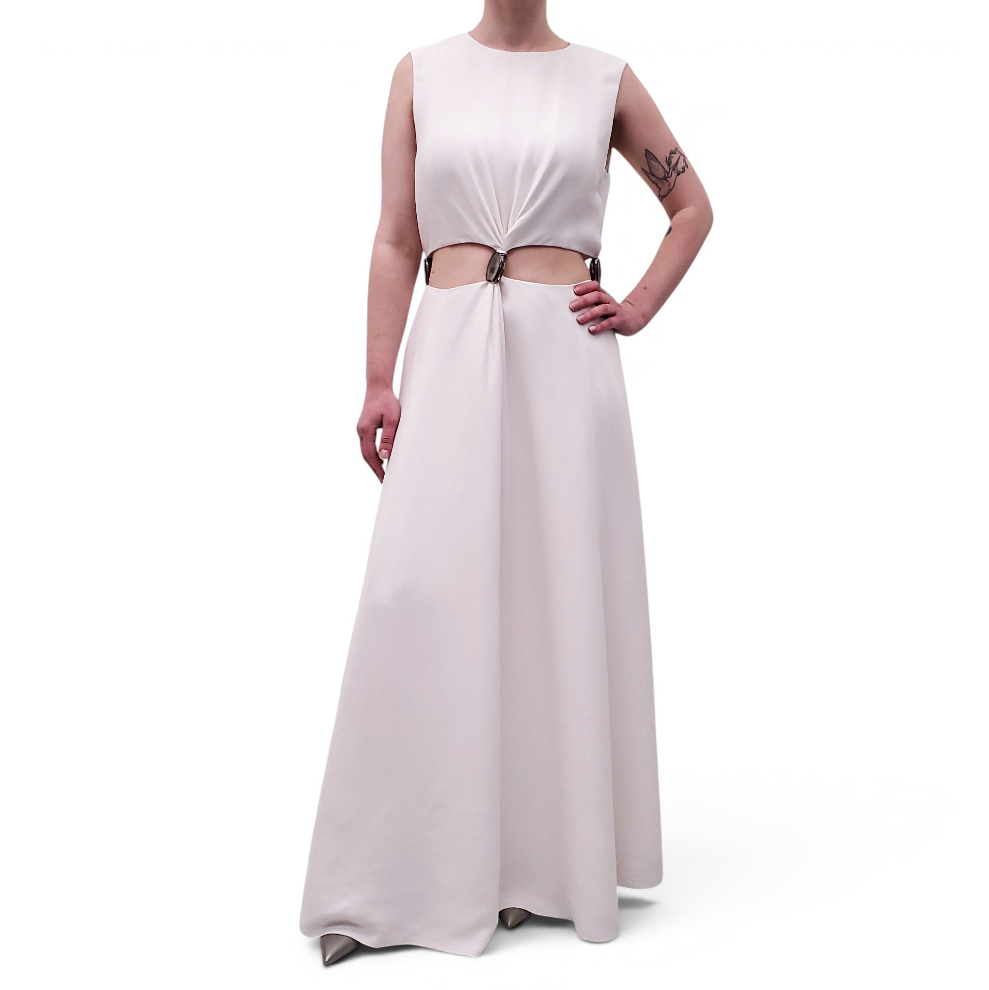 CHLOÉ WHITE DRESS WITH CUTOUT DETAIL AND SILVER EMBLEMS - SIZE L