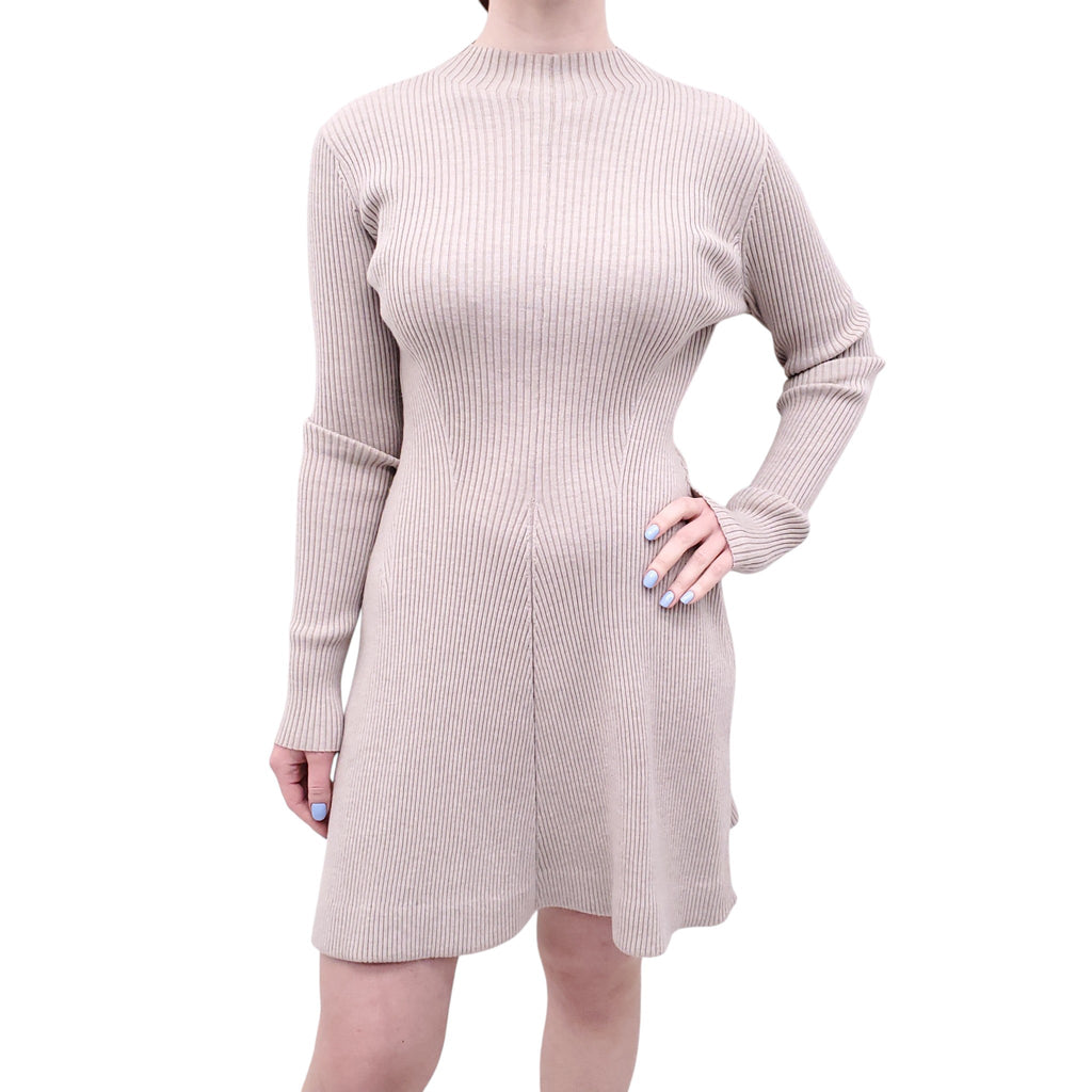THEORY OATMEAL RIBBED LONG SLEEVE DRESS - SIZE M