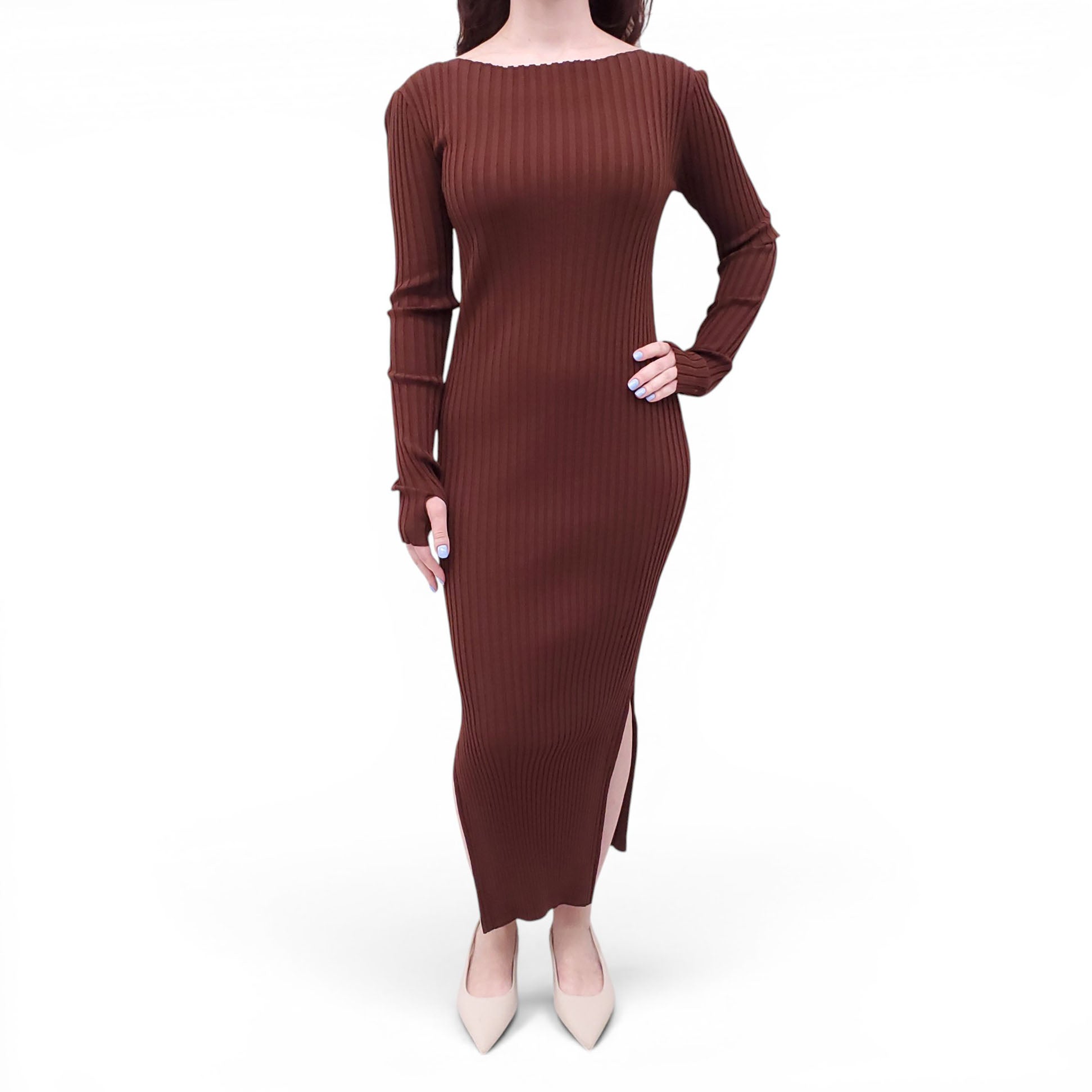 TOTEME BROWN RIBBED LONG SLEEVE DRESS - SIZE S