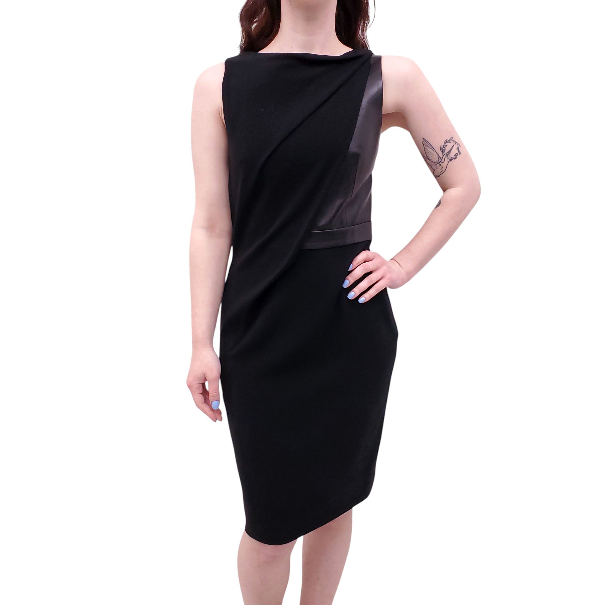 ALEXANDER WANG BLACK RUCHED DRESS WITH LEATHER DETAIL - SIZE 6
