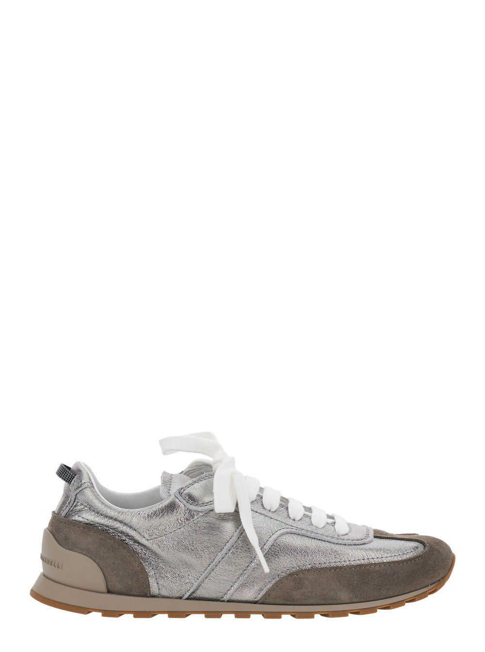Brunello Cucinelli Women Gray Low Top Sneakers With Logo Lettering On Tongue And Heel And Metallic Effect In Suede And Leather For Women