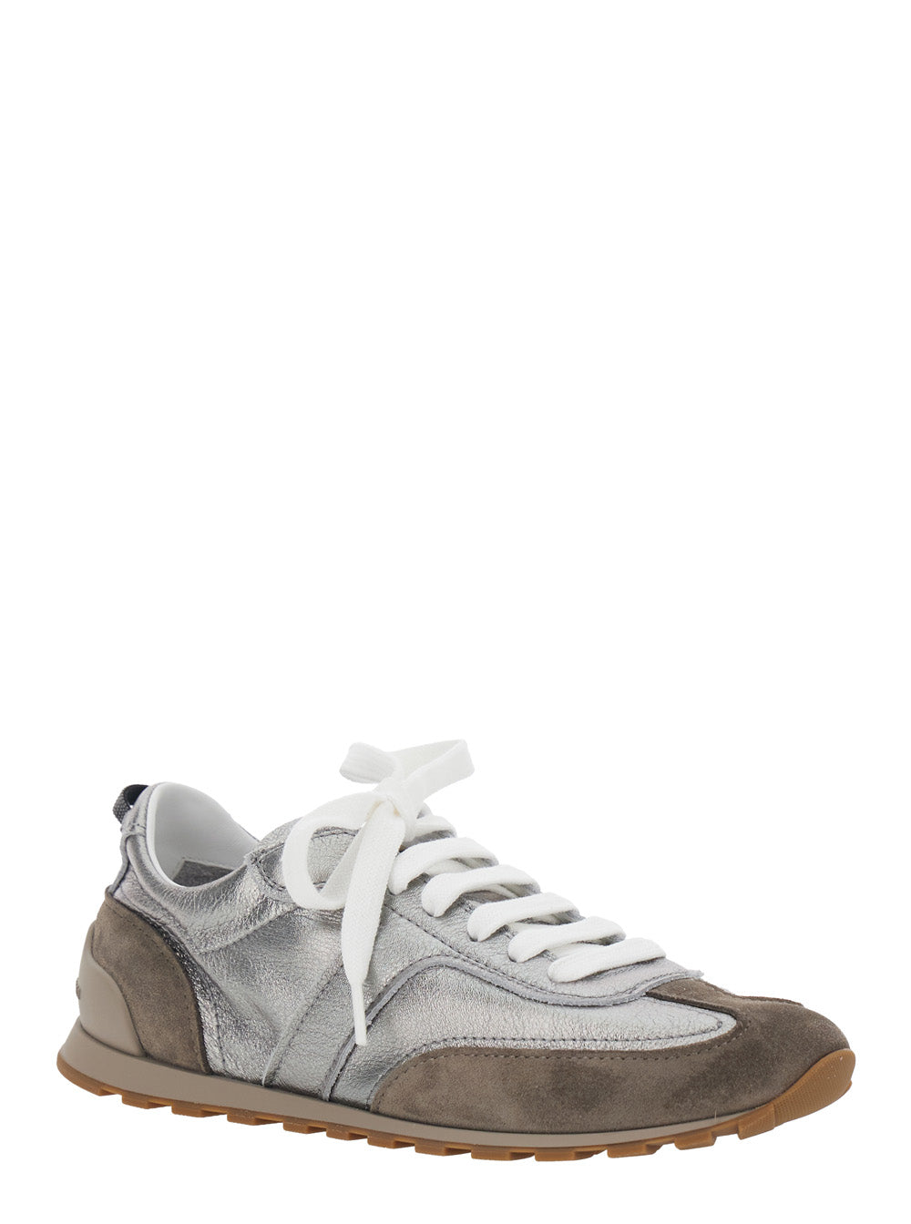 Brunello Cucinelli Women Gray Low Top Sneakers With Logo Lettering On Tongue And Heel And Metallic Effect In Suede And Leather For Women