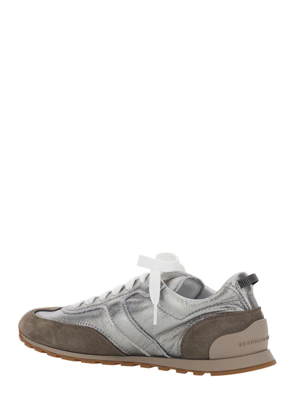Brunello Cucinelli Women Gray Low Top Sneakers With Logo Lettering On Tongue And Heel And Metallic Effect In Suede And Leather For Women