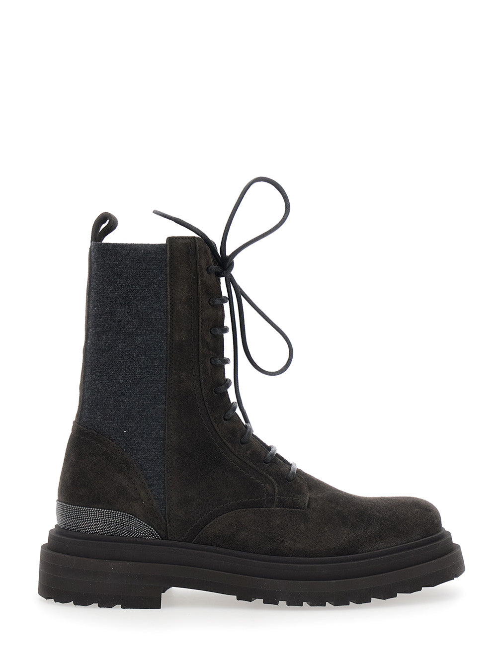 Brunello Cucinelli Women Brown Ankle Boots With Lace Closure And Monil Detail On The Back In Suede For Women