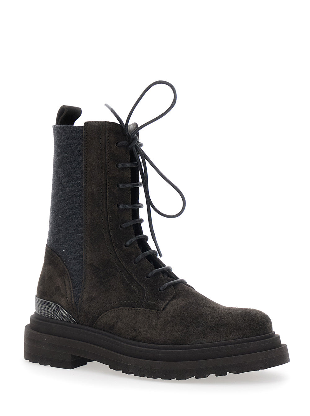 Brunello Cucinelli Women Brown Ankle Boots With Lace Closure And Monil Detail On The Back In Suede For Women