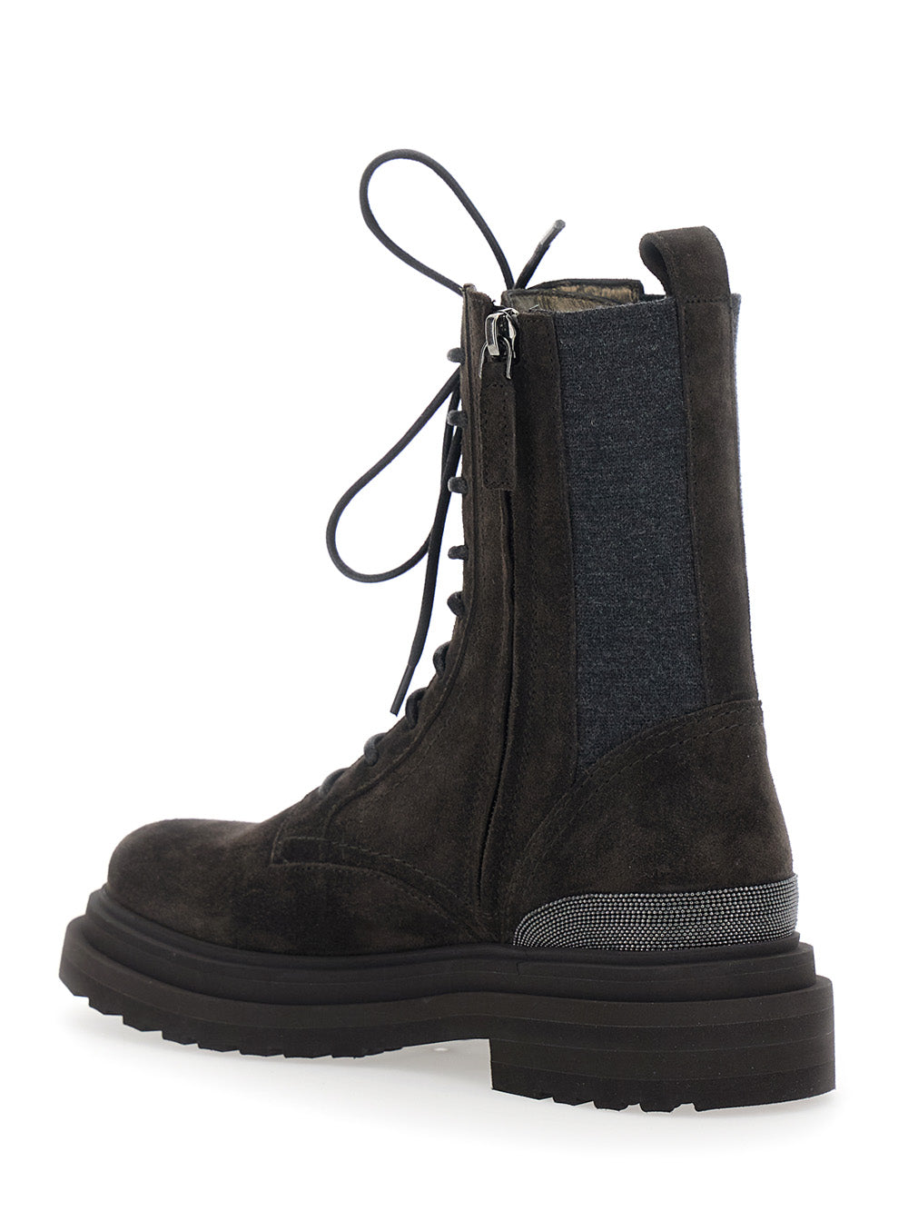 Brunello Cucinelli Women Brown Ankle Boots With Lace Closure And Monil Detail On The Back In Suede For Women