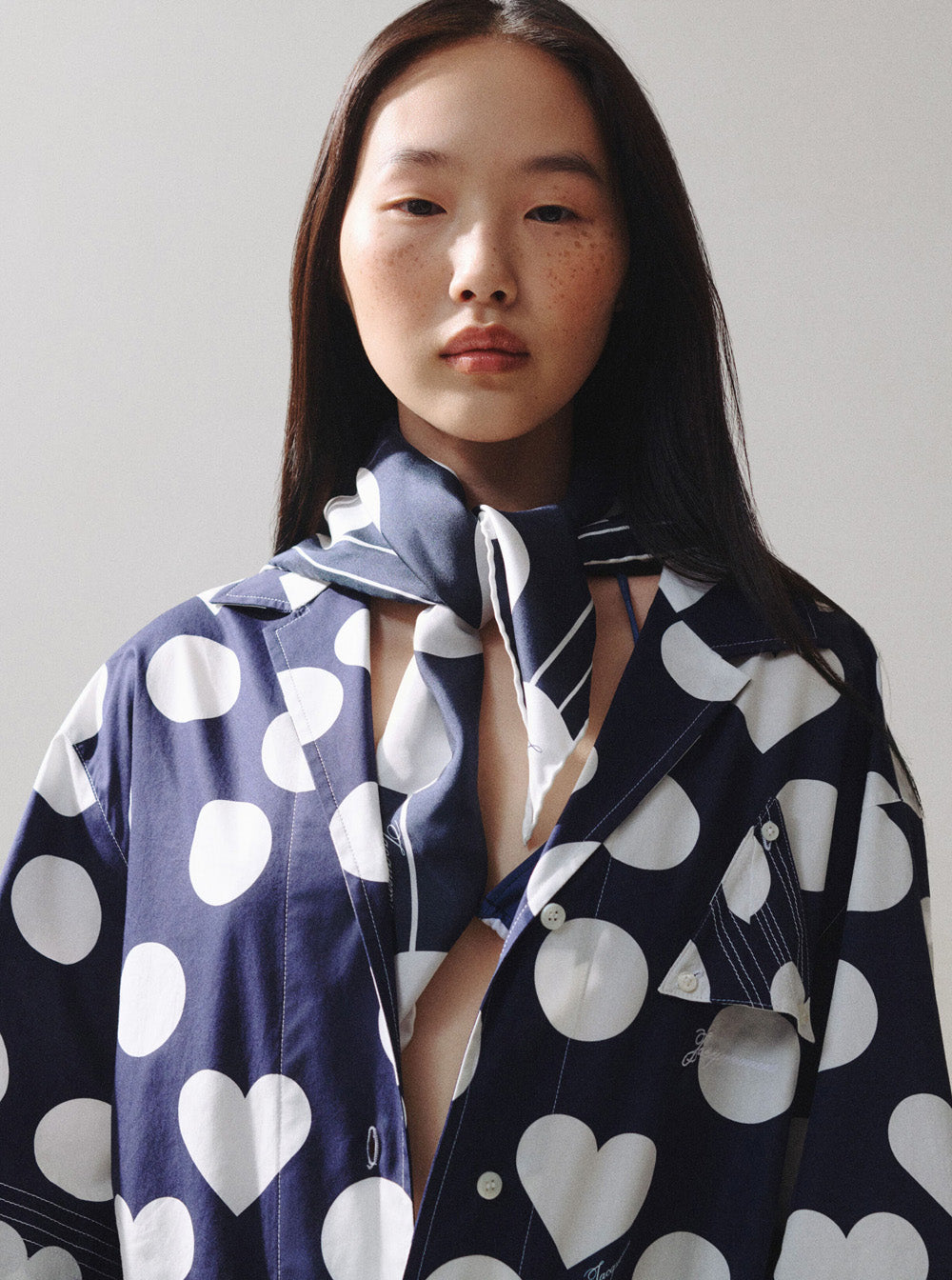 Jacquemus Women 'Le Foulard Coeur' Blue Square Scarf With All-Over Polka Dots And Heart Motif In Silk For Women