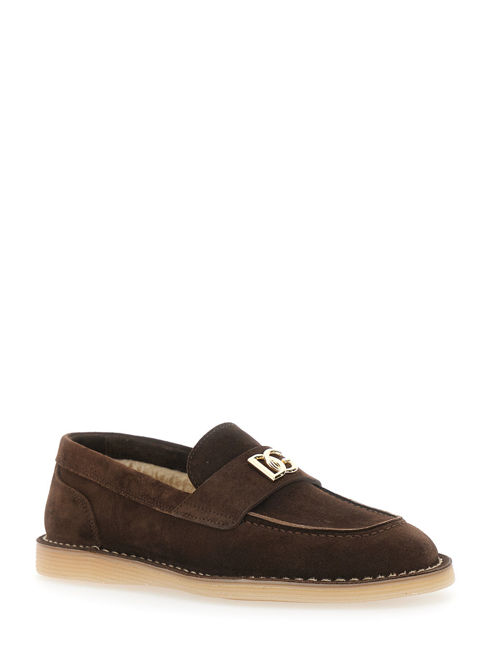 Dolce & Gabbana Women Brown Loafers With Logo Plate On The Front And Contrasting Stitching In Suede For Women