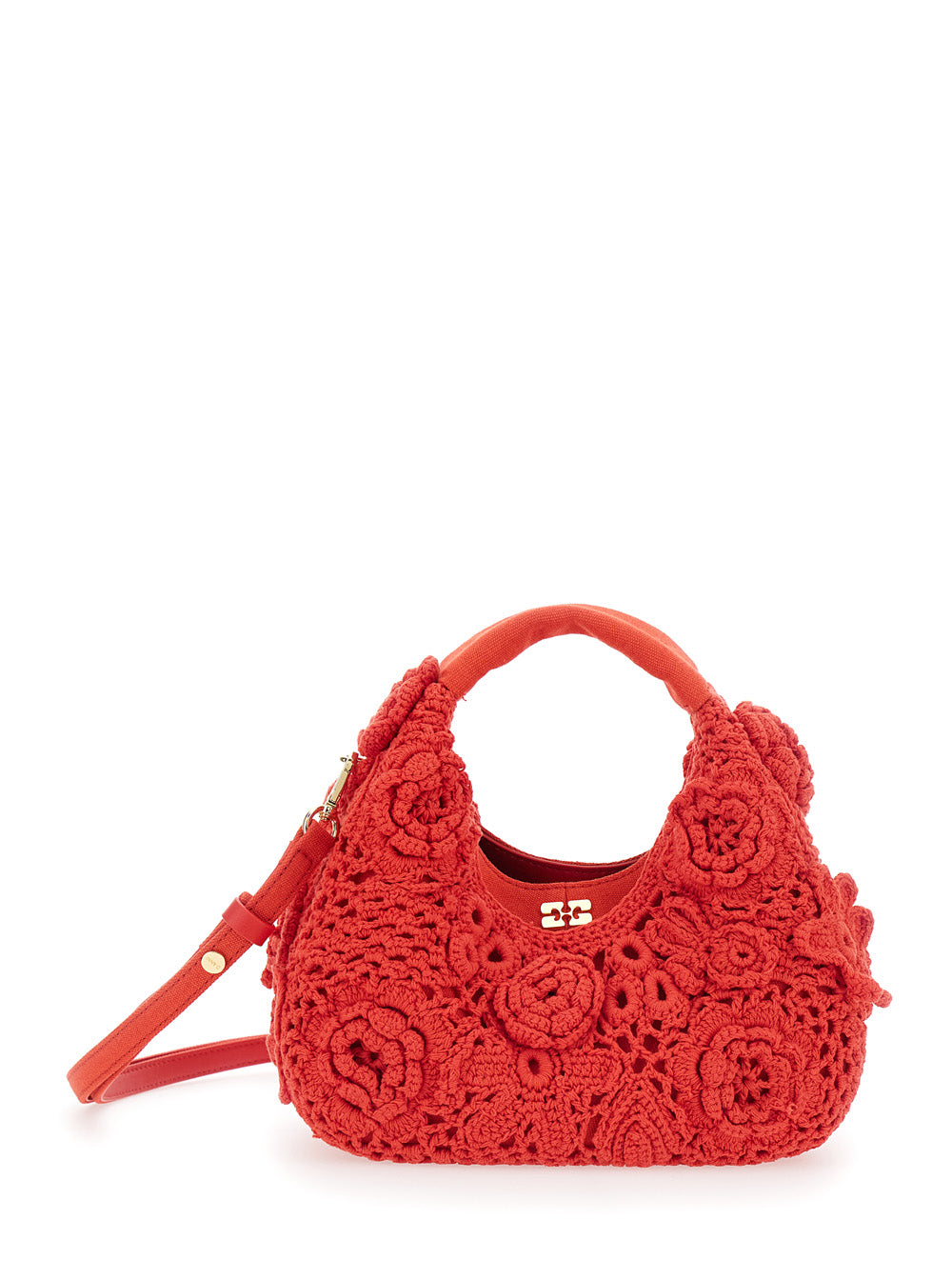 Ganni Women 'Hobo Mini' Red Handbag With Floral Crochet Design In Cotton Woman