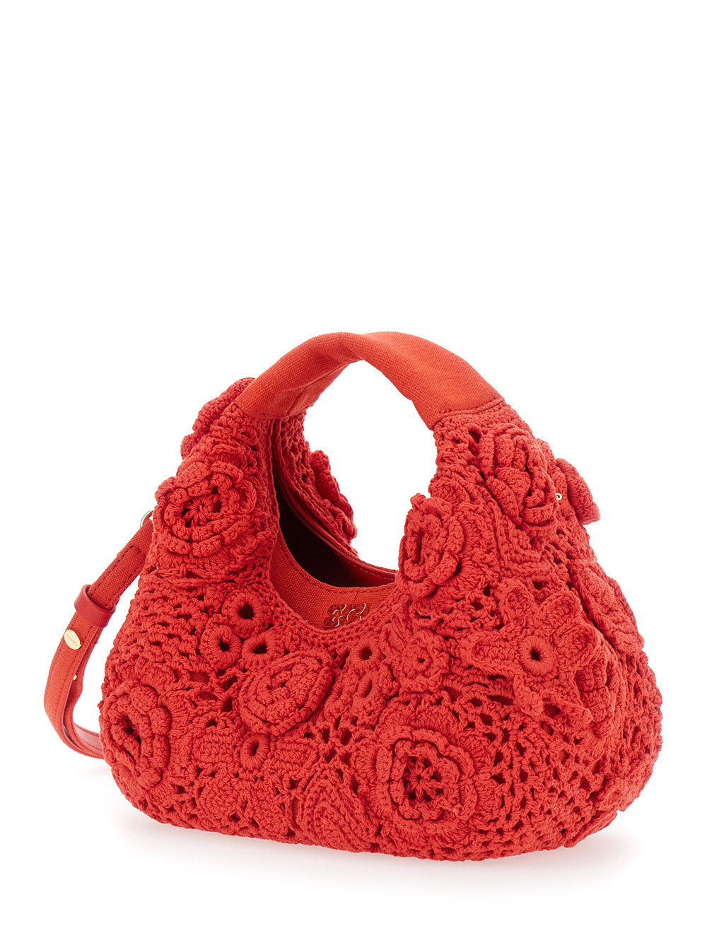 Ganni Women 'Hobo Mini' Red Handbag With Floral Crochet Design In Cotton Woman