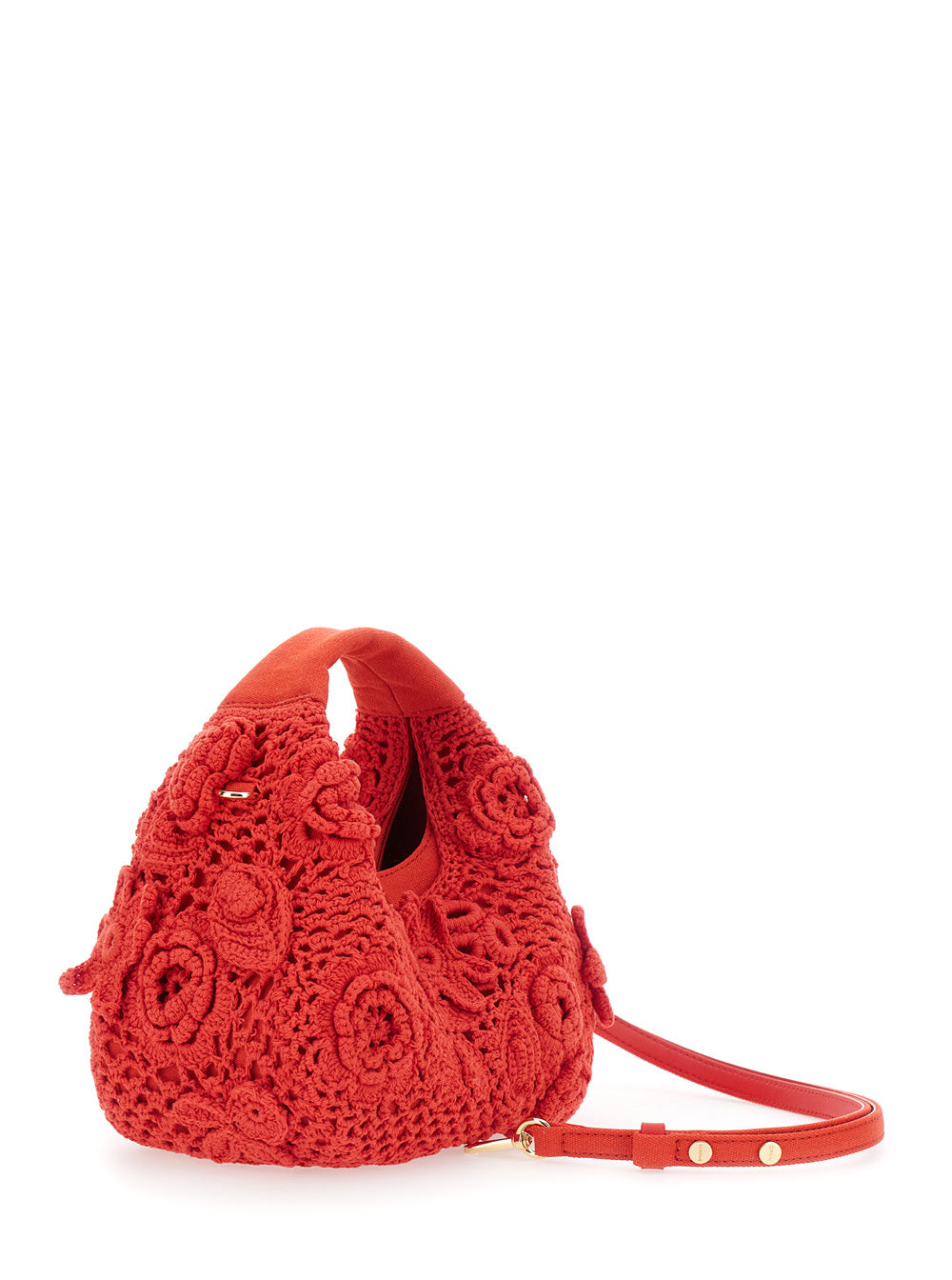 Ganni Women 'Hobo Mini' Red Handbag With Floral Crochet Design In Cotton Woman