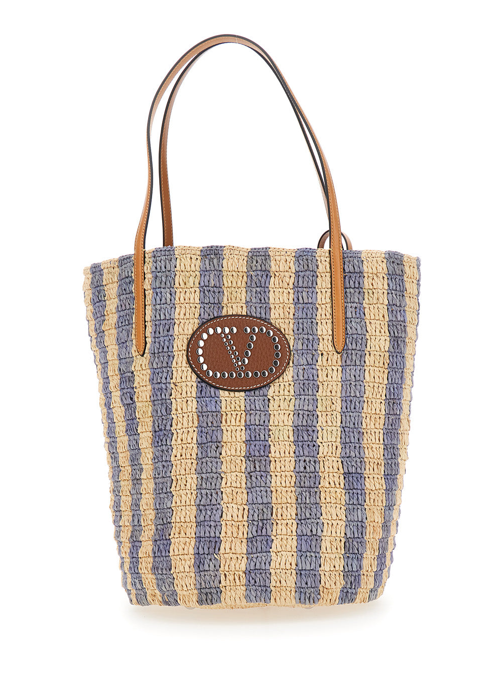 Valentino Garavani Women Beige Tote Bag With Stripes Motif And Logo Patch On The Front In Raffia And Leather Woman