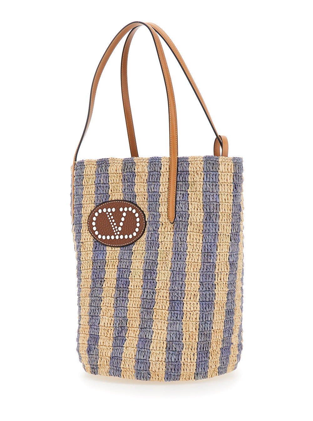 Valentino Garavani Women Beige Tote Bag With Stripes Motif And Logo Patch On The Front In Raffia And Leather Woman