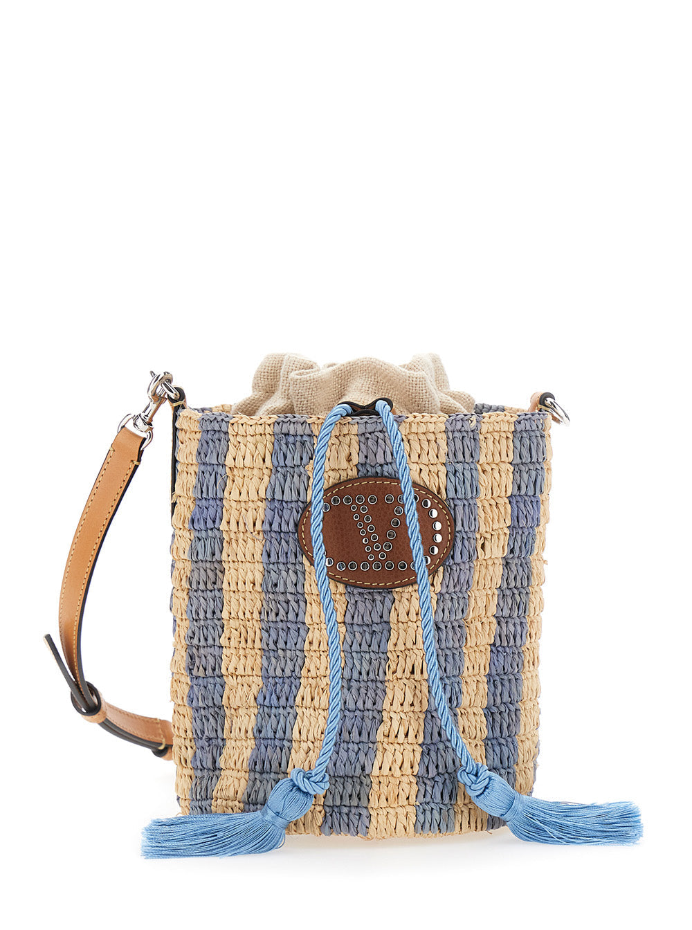 Valentino Garavani Women Beige Crossbody Bag With Striped Motif And Vlogo Leather Patch On The Front In Raffia For Women