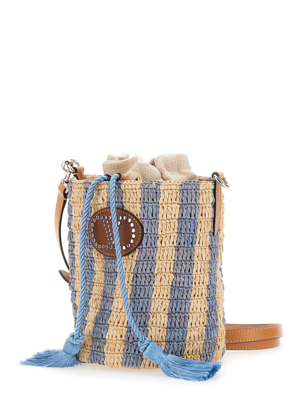 Valentino Garavani Women Beige Crossbody Bag With Striped Motif And Vlogo Leather Patch On The Front In Raffia For Women