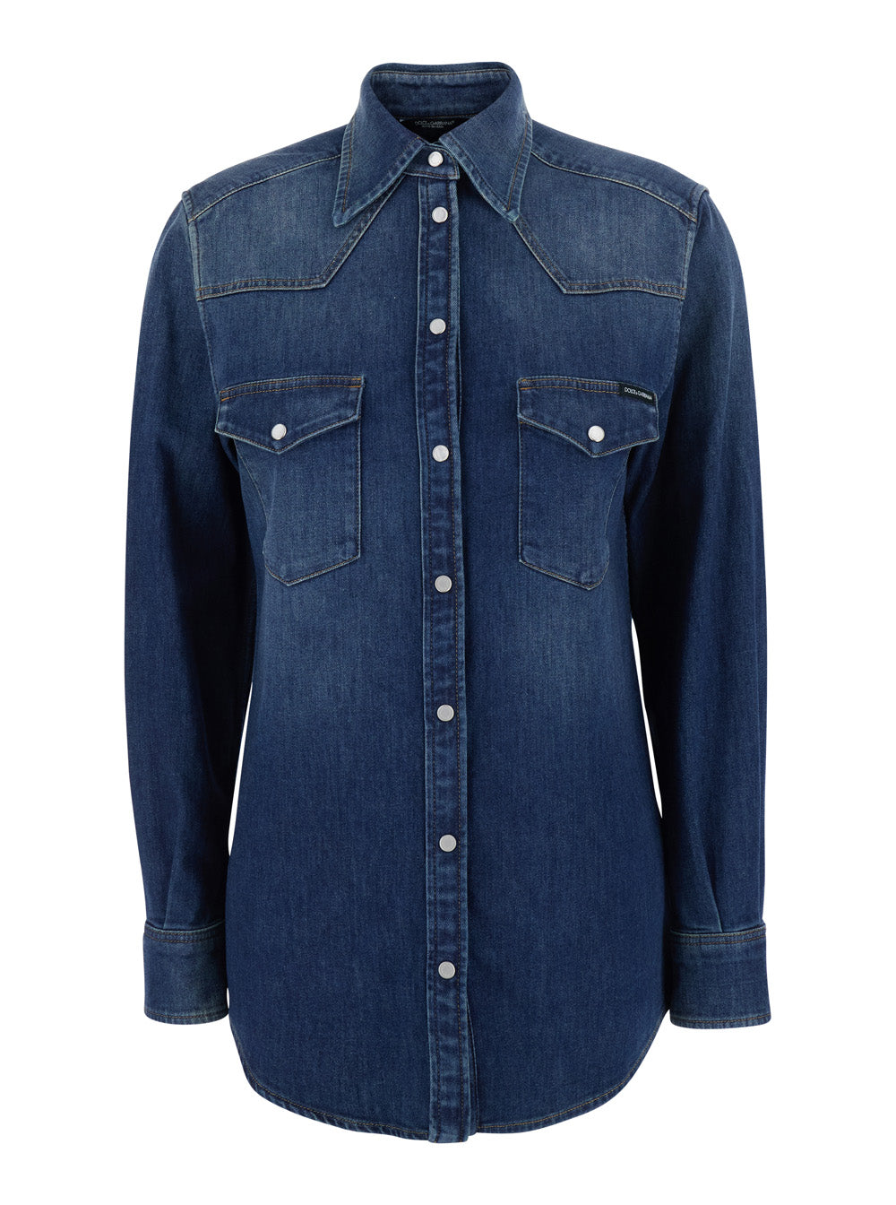 Dolce & Gabbana Women Blue Shirt With Classic Collar And Metallic Logo Patch On The Back In Denim For Women