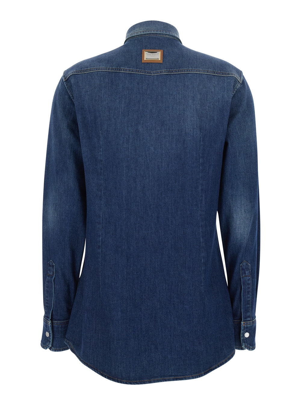 Dolce & Gabbana Women Blue Shirt With Classic Collar And Metallic Logo Patch On The Back In Denim For Women
