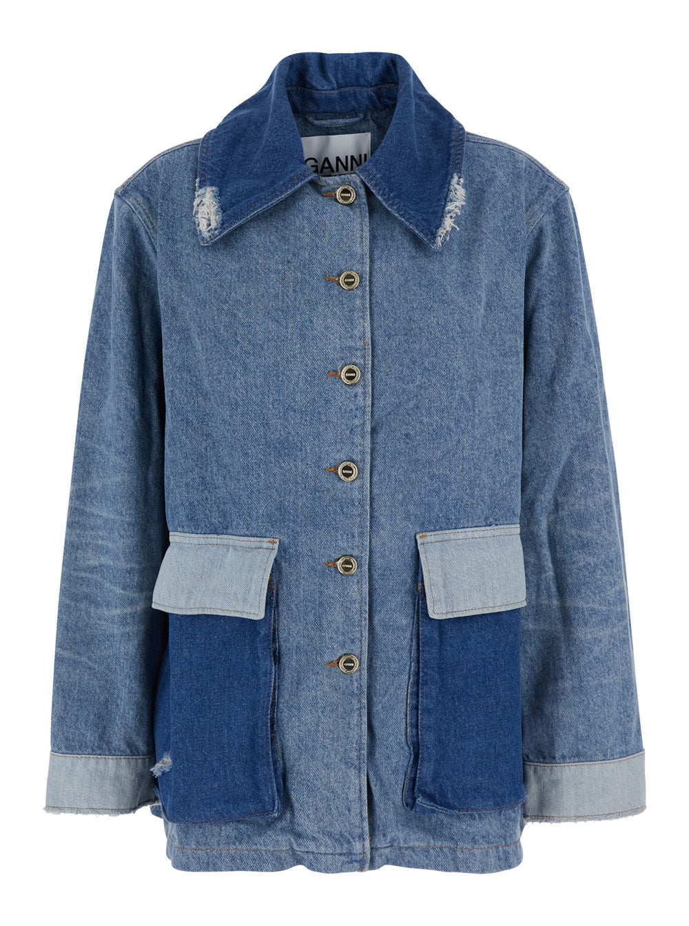 Ganni Women Blue Jacket With Classic Collar With Fringed Details And Patchwork Design In Denim For Women