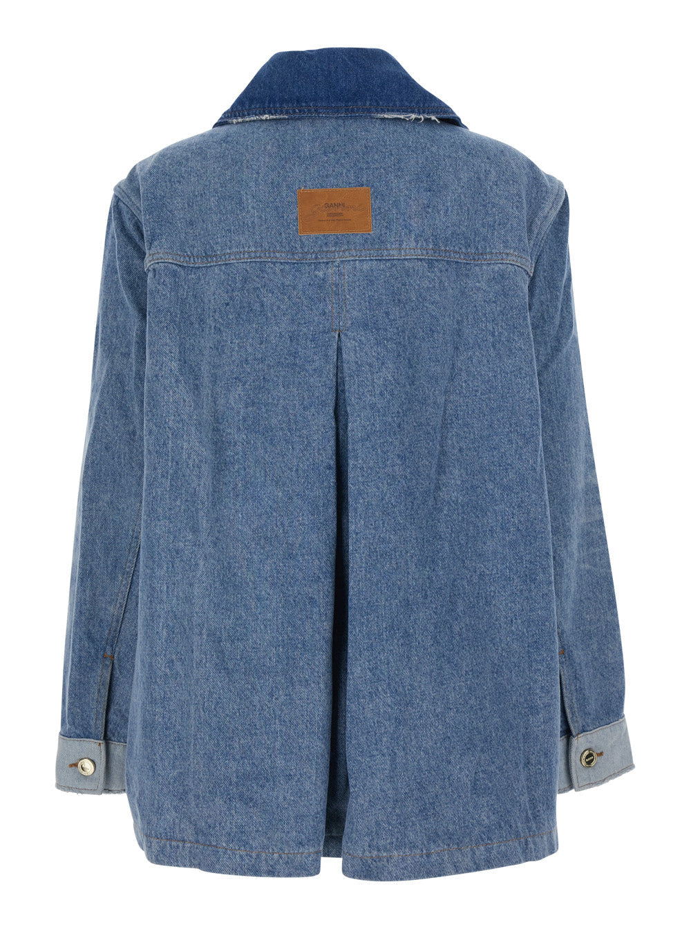 Ganni Women Blue Jacket With Classic Collar With Fringed Details And Patchwork Design In Denim For Women