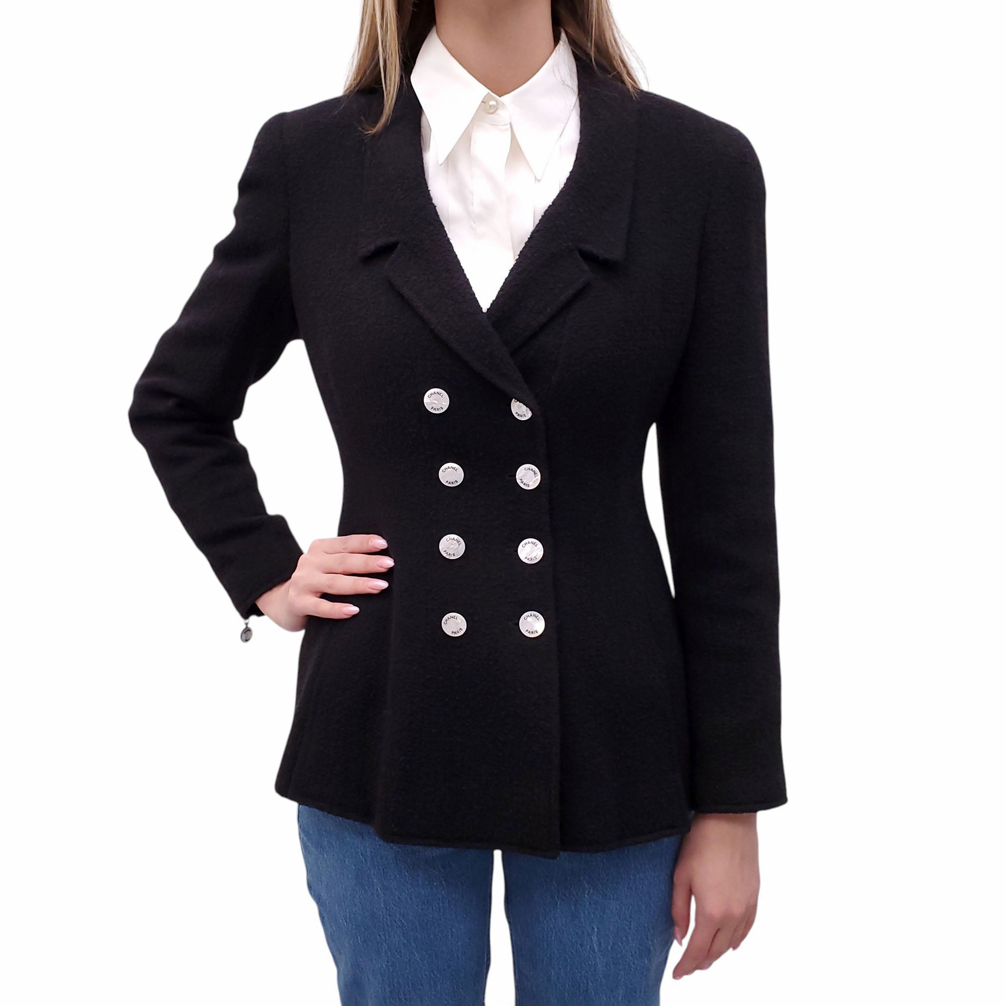 CHANEL BLACK PEPLUM TWEED JACKET WITH MOTHER OF PEARL LOGO BUTTONS AND SLEEVE ZIPPER - SIZE 38