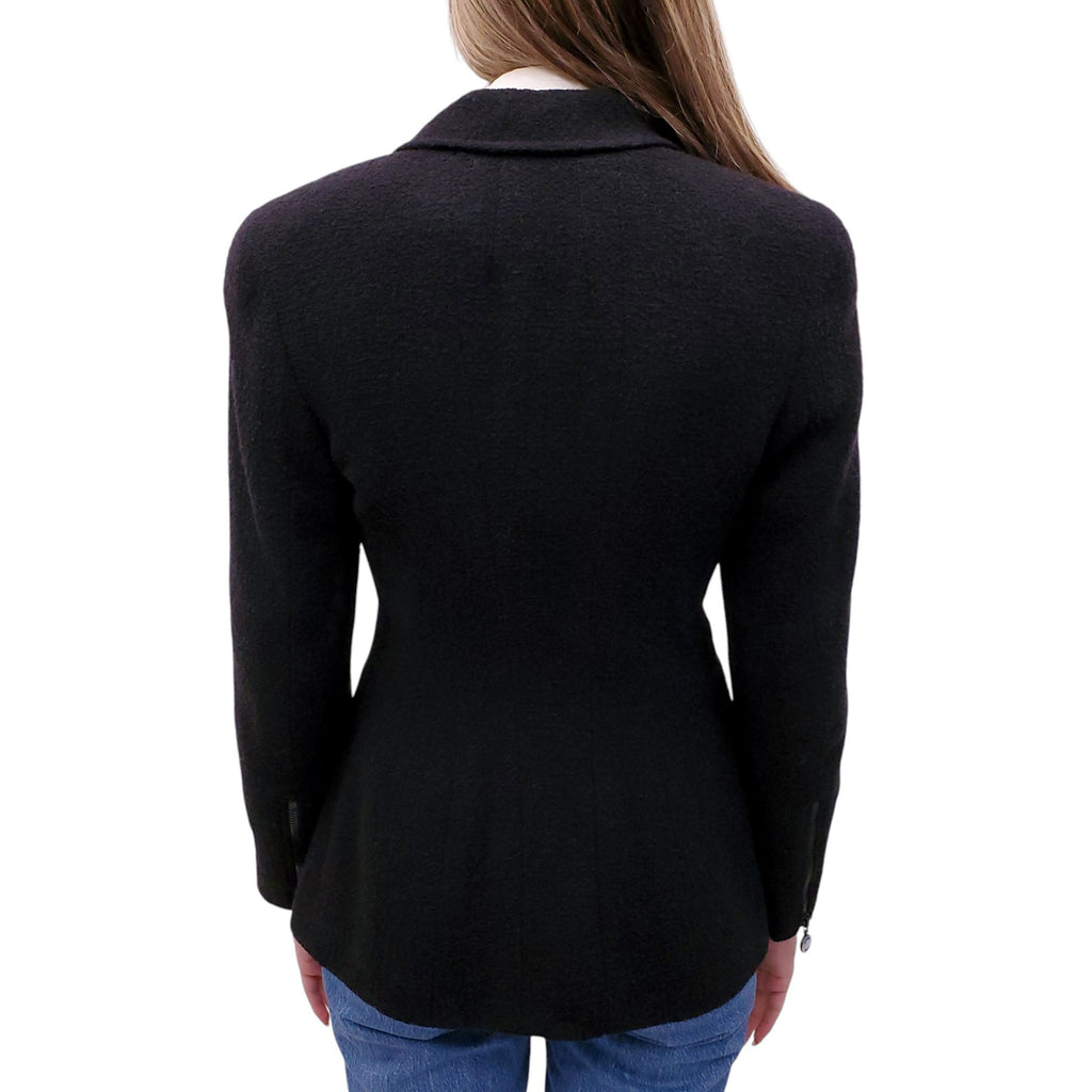 CHANEL BLACK PEPLUM TWEED JACKET WITH MOTHER OF PEARL LOGO BUTTONS AND SLEEVE ZIPPER - SIZE 38