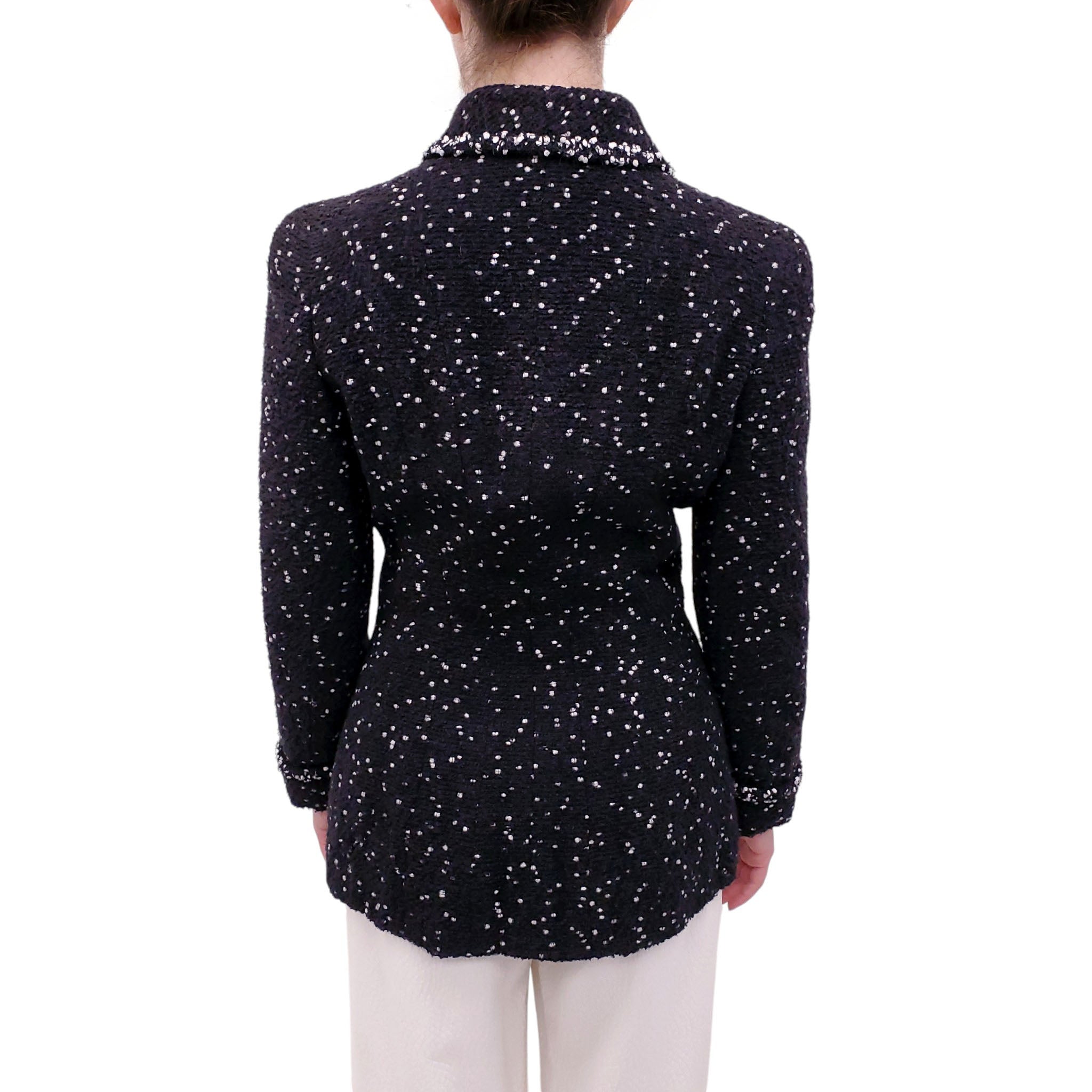 CHANEL F/W 1995 BLACK AND WHITE TWEED JACKET WITH LOGO BUTTONS - SIZE 40