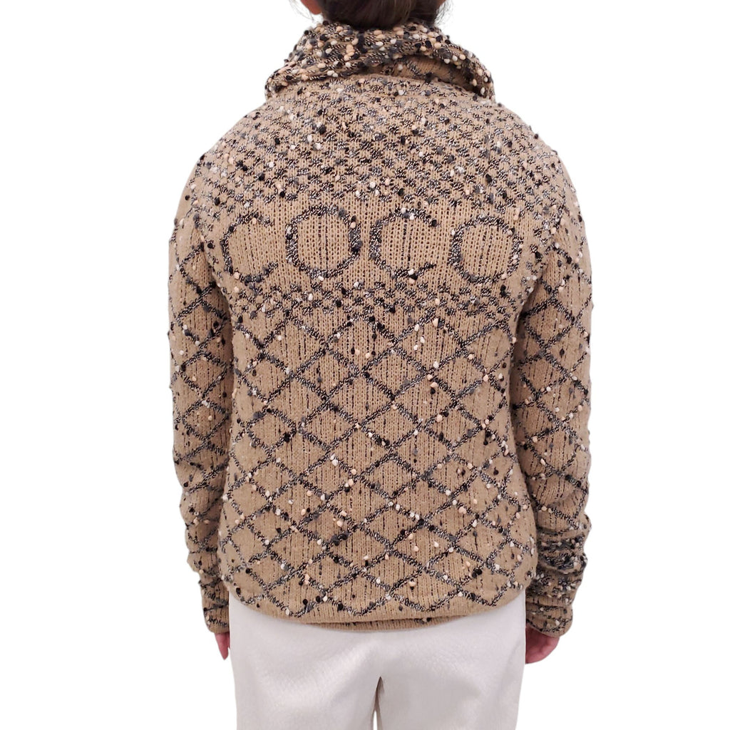 CHANEL CAMEL QUILTED WOOL BLEND CARDIGAN SET WITH COCO LOGO - SIZE 36