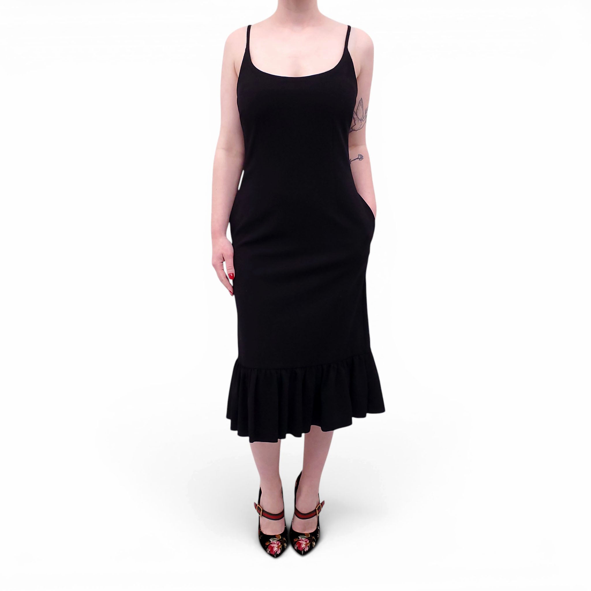 GUCCI BLACK MIDI DRESS WITH RUFFLE DETAIL - SIZE M