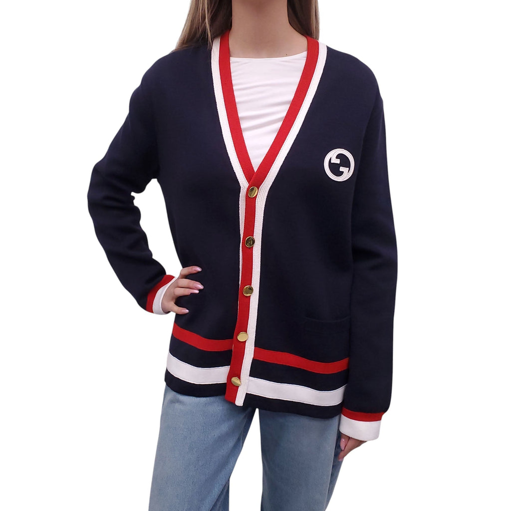 GUCCI NAVY, RED AND WHITE LOGO CARDIGAN - SIZE L