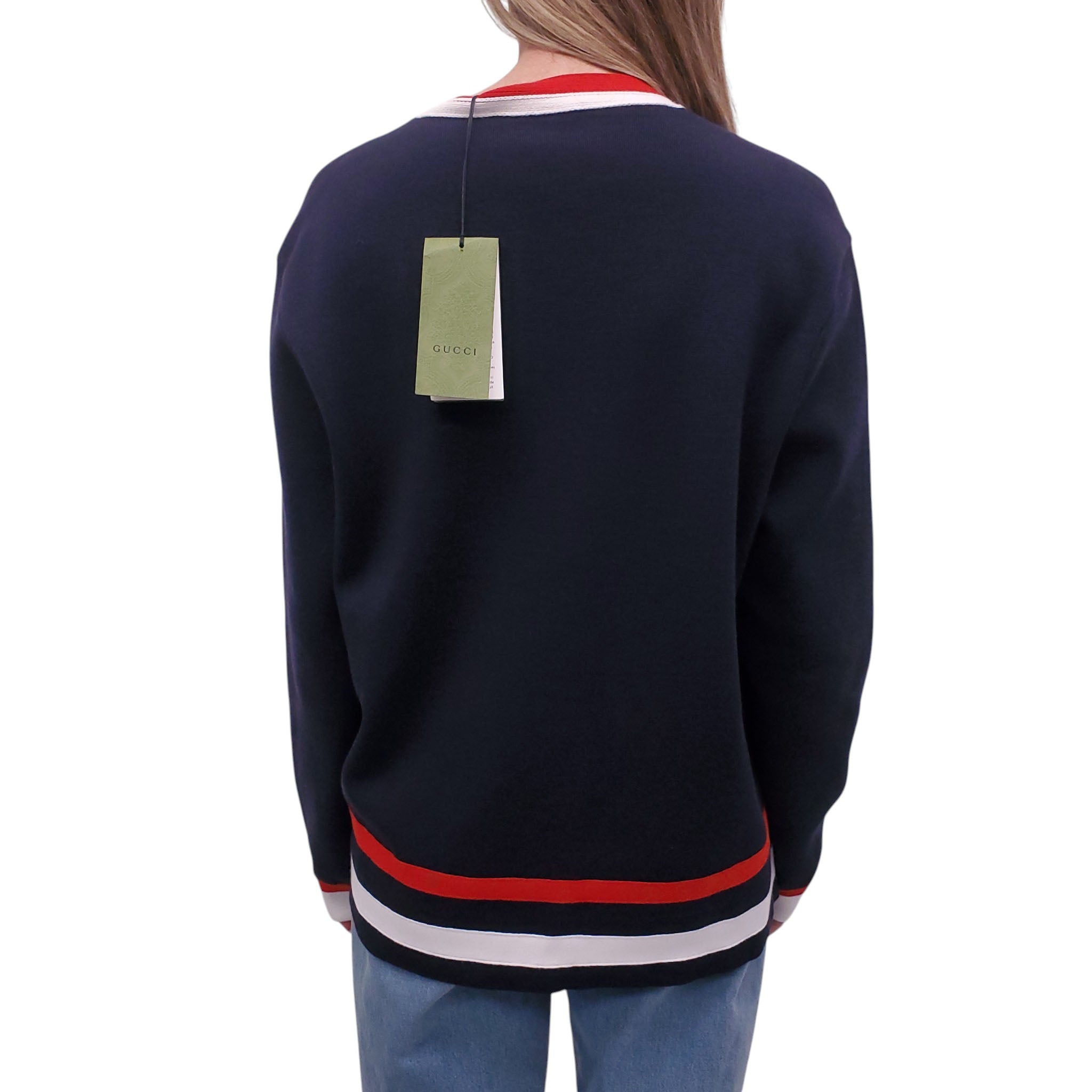 GUCCI NAVY, RED AND WHITE LOGO CARDIGAN - SIZE L