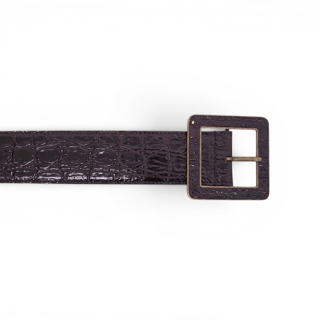 SAINT LAURENT BLACK AND BRONZE CROC EMBOSSED BELT - SIZE 75