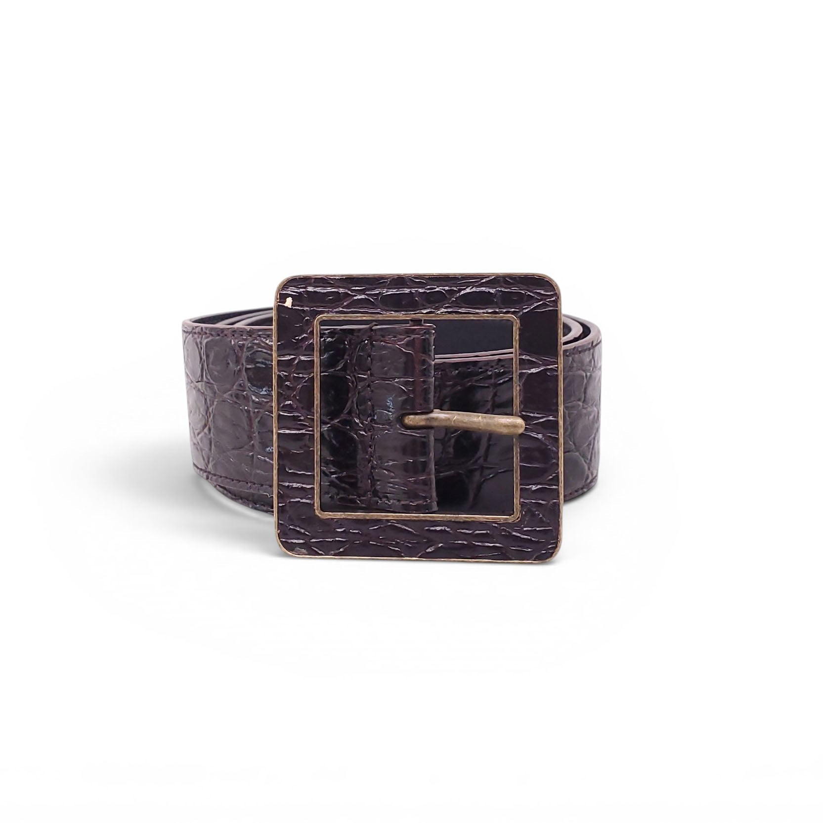 SAINT LAURENT BLACK AND BRONZE CROC EMBOSSED BELT - SIZE 75