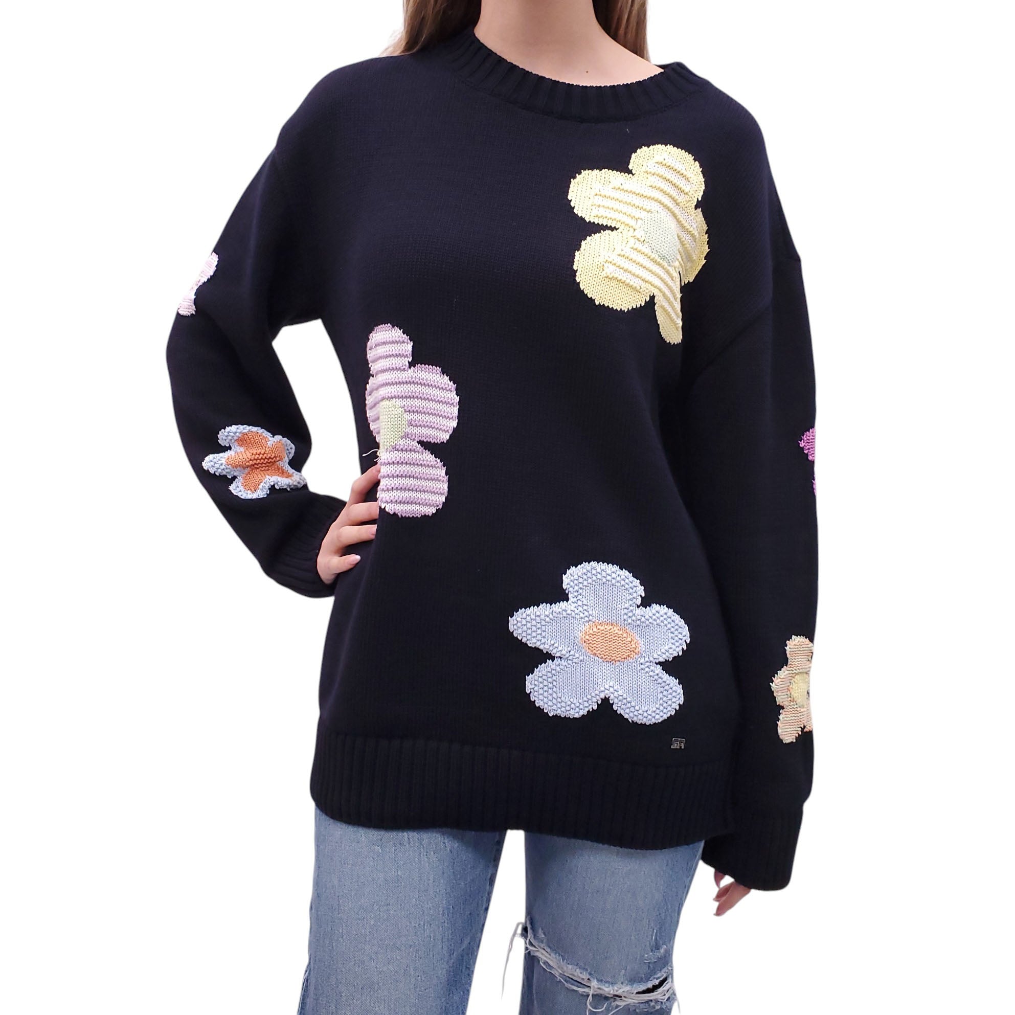 SONIA RYKIEL BLACK FLORAL KNIT SWEATER - SIZE M