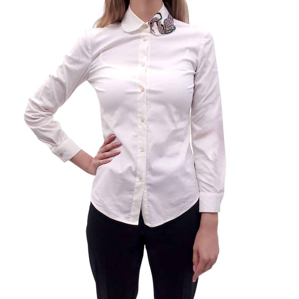 RED VALENTINO WHITE BUTTON UP BLOUSE WITH EMBROIDERED COLLAR DETAIL - SIZE 36