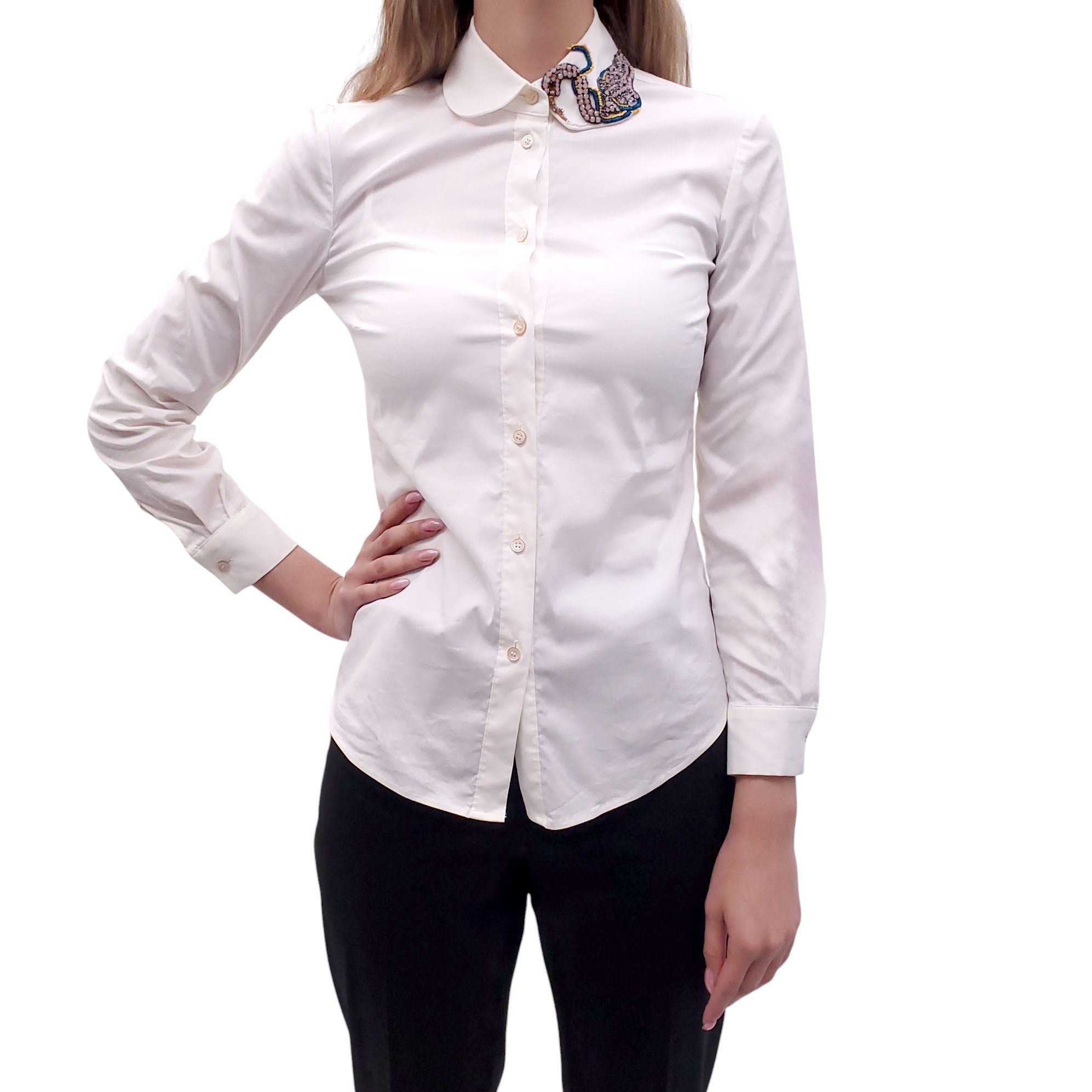 RED VALENTINO WHITE BUTTON UP BLOUSE WITH EMBROIDERED COLLAR DETAIL - SIZE 36