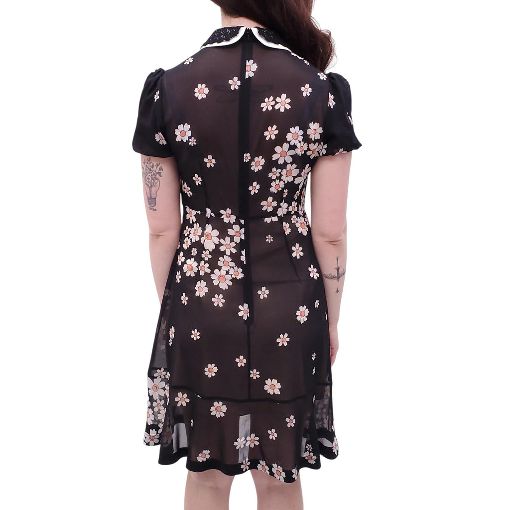 RED VALENTINO BLACK FLORAL DRESS WITH LACE COLLAR DETAIL - SIZE 40