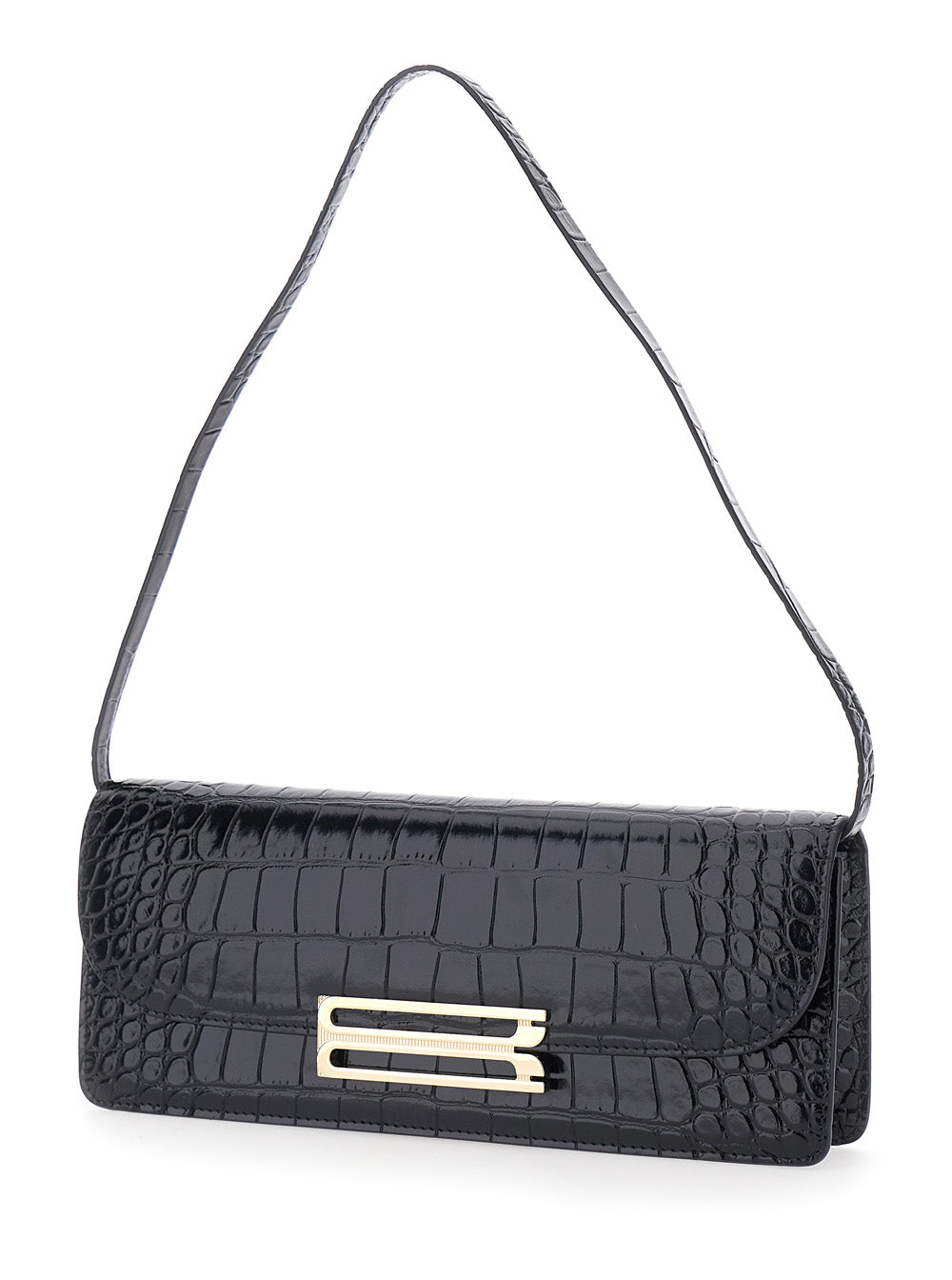 Victoria Beckham Women 'Dorian East-West' Black Shoulder Bag With Plaque Closure On The Front And Crocodile-Embossed Effect In Leather For Women