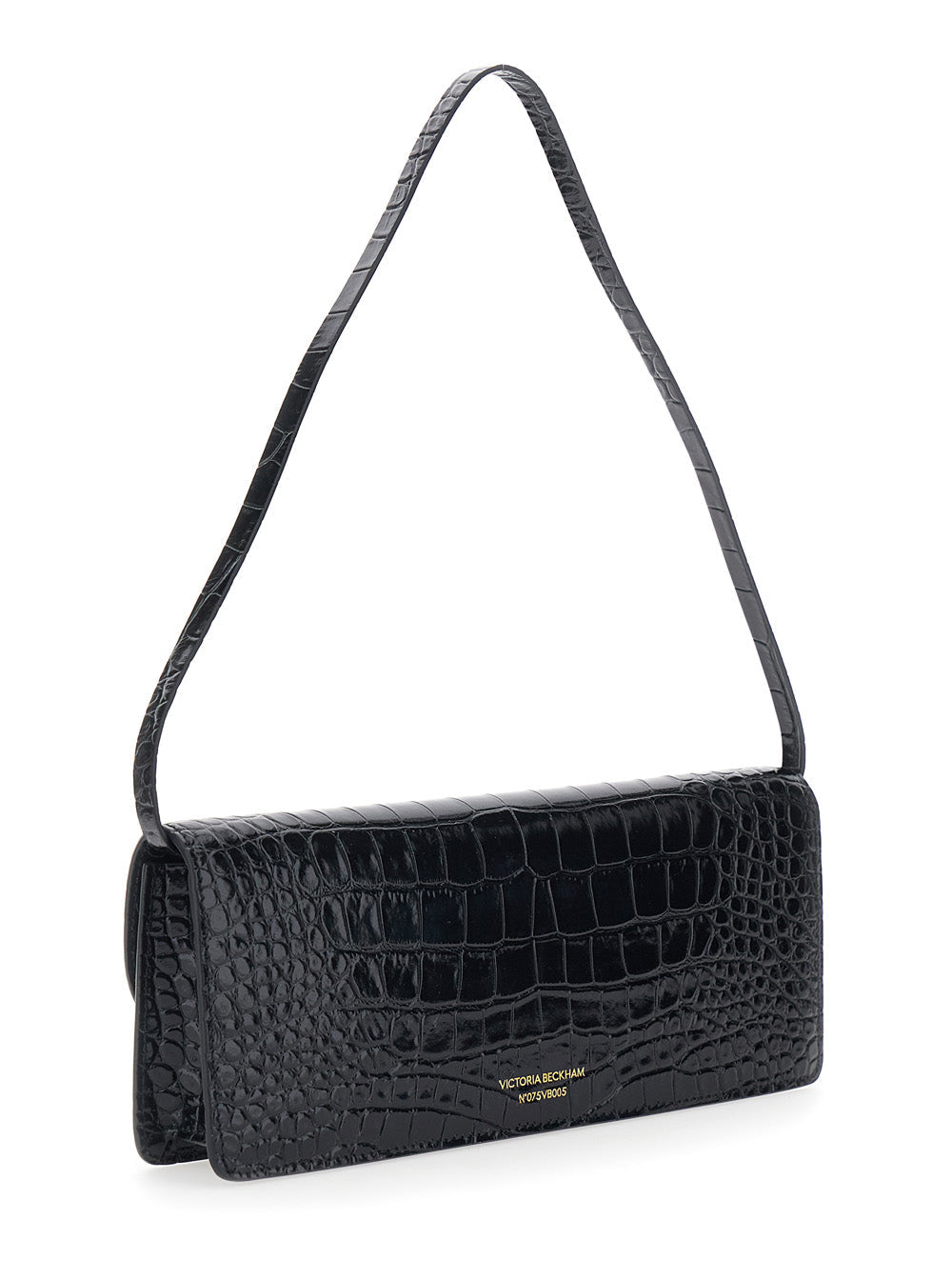 Victoria Beckham Women 'Dorian East-West' Black Shoulder Bag With Plaque Closure On The Front And Crocodile-Embossed Effect In Leather For Women