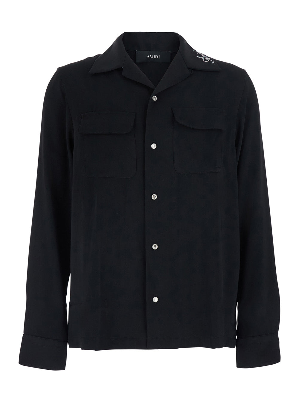 Amiri Men Black Shirt With Notched Collar With Logo Lettering Embroidery In Tech Fabric For Men