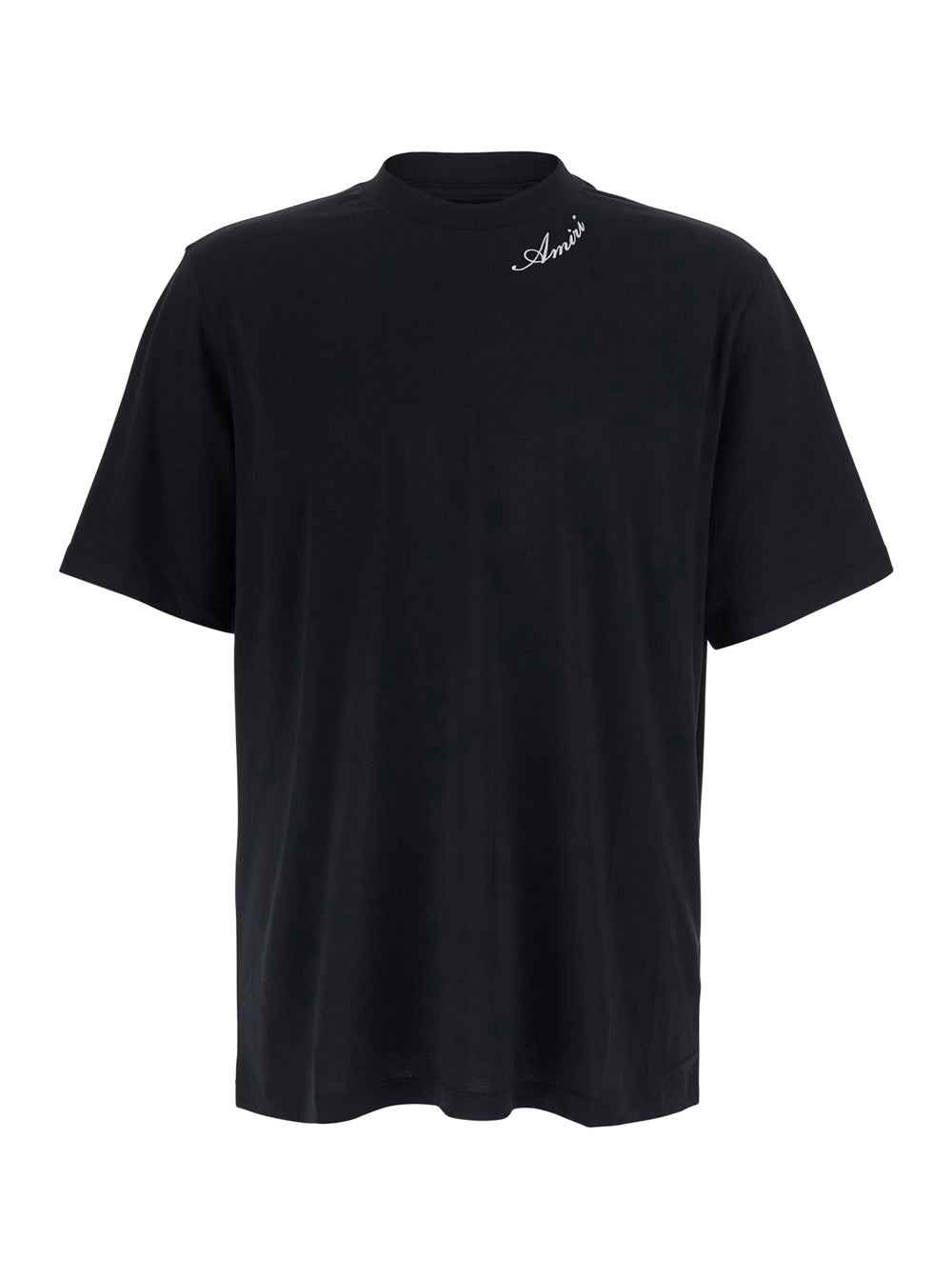 Amiri Men Black Crew Neck T-Shirt With Wide Short Sleeves And Logo Lettering Embroidery On The Neck In Tech Fabric For Men