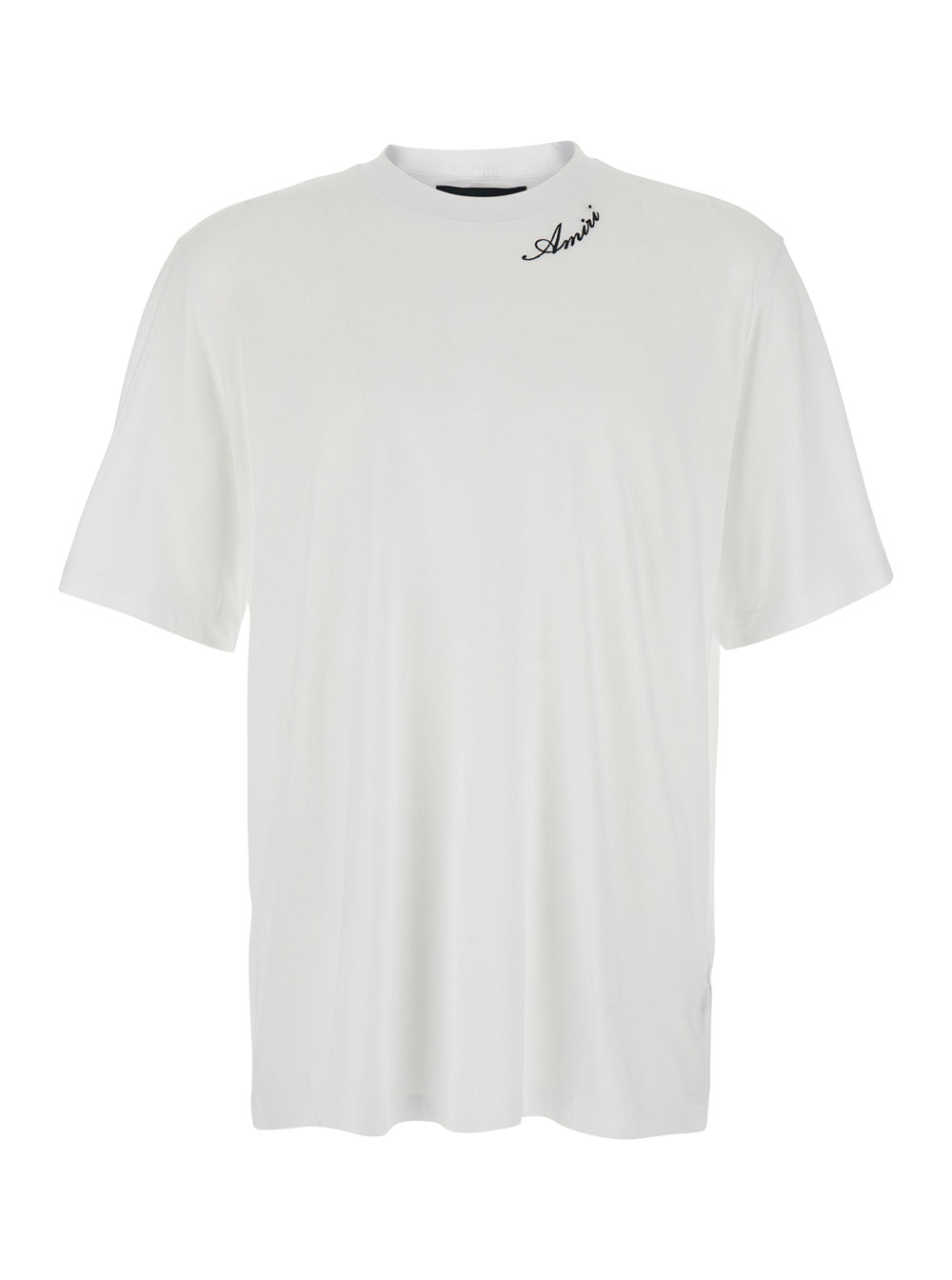Amiri Men White Crew Neck T-Shirt With Wide Short Sleeves And Logo Lettering Embroidery On The Neck In Tech Fabric For Men