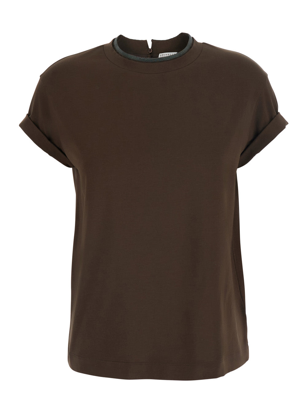 Brunello Cucinelli Women Brown Crew Neck T-Shirt With Monil Detail On The Collar In Cotton For Men