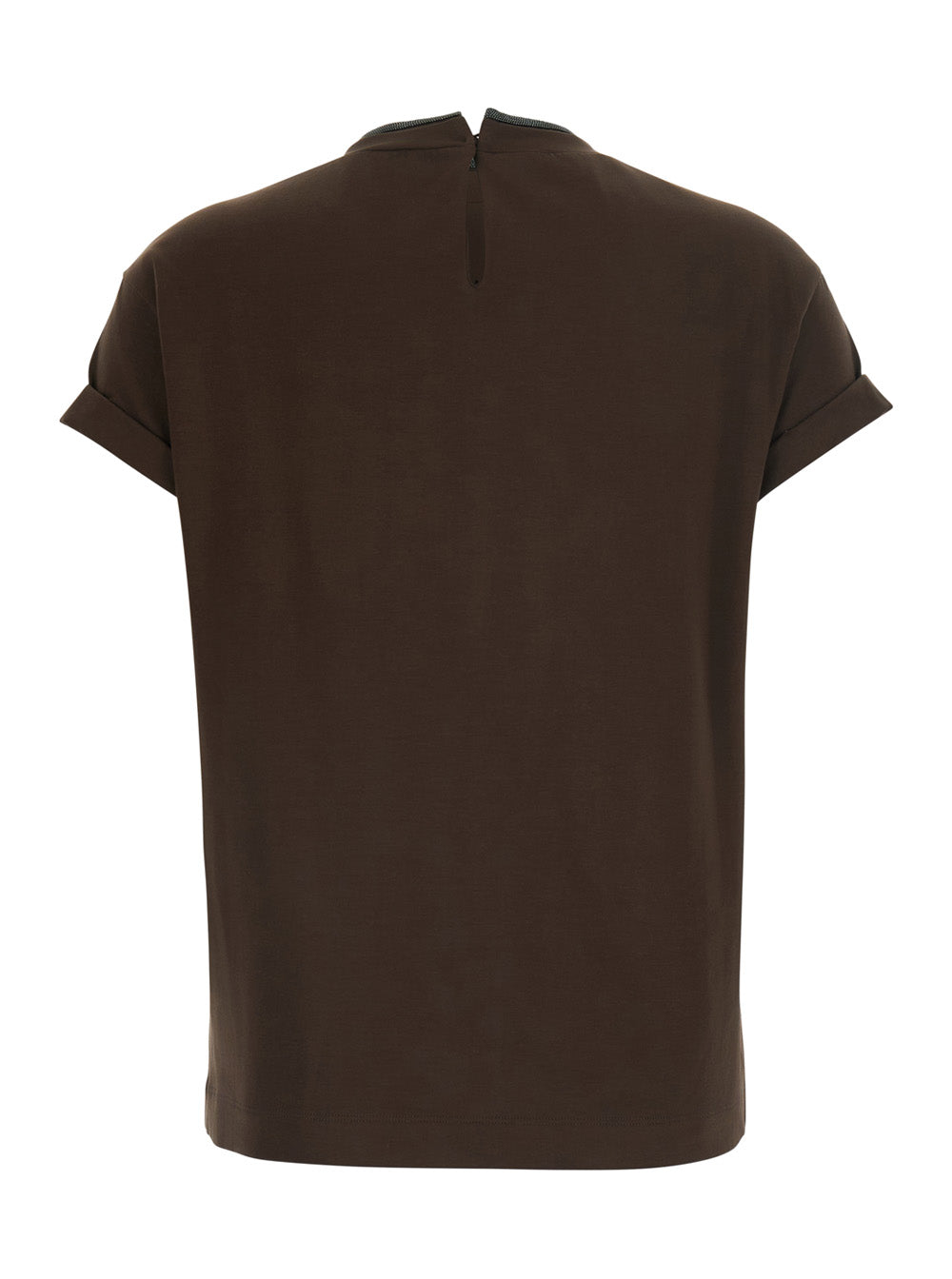 Brunello Cucinelli Women Brown Crew Neck T-Shirt With Monil Detail On The Collar In Cotton For Men