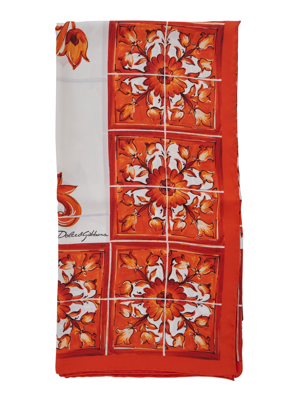 Dolce & Gabbana Women Orange Square Scarf With All-Over Majolica Print In Silk For Women