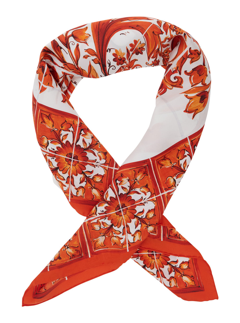 Dolce & Gabbana Women Orange Square Scarf With All-Over Majolica Print In Silk For Women