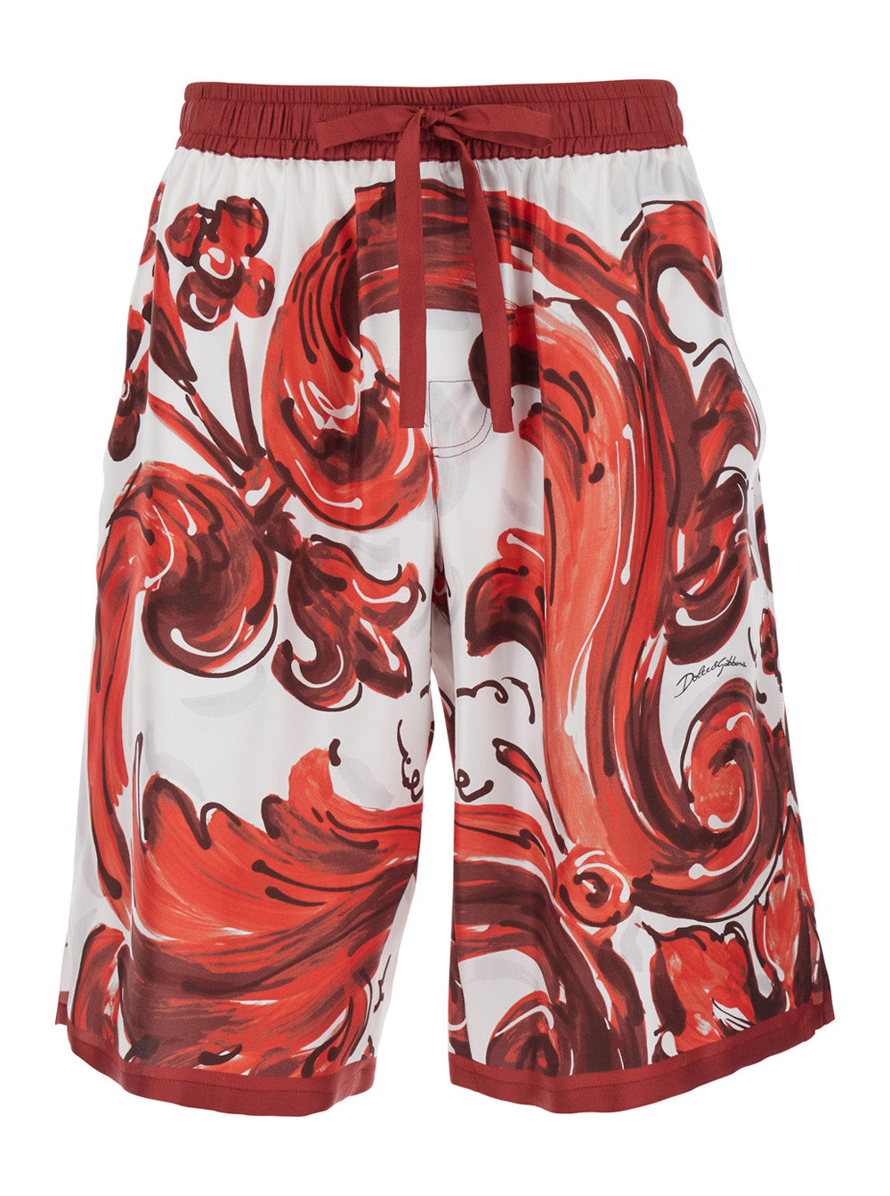 Dolce & Gabbana Men Bordeaux Bermuda Shorts With Elasticated Waist And Drawstring And All-Over Maiolica Print In Silk For Men